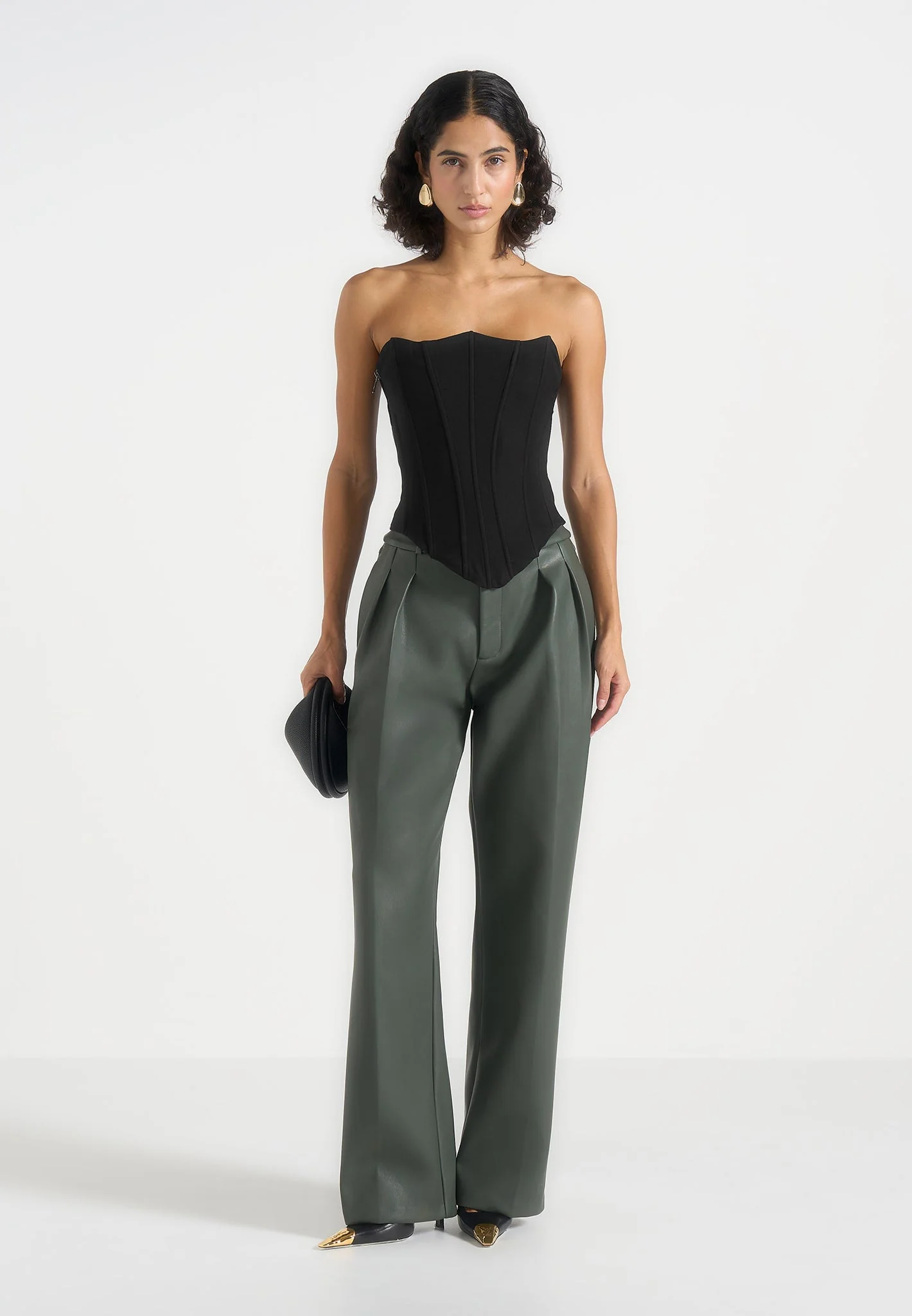Julie - Leather Twin Pleat Trousers - Olive