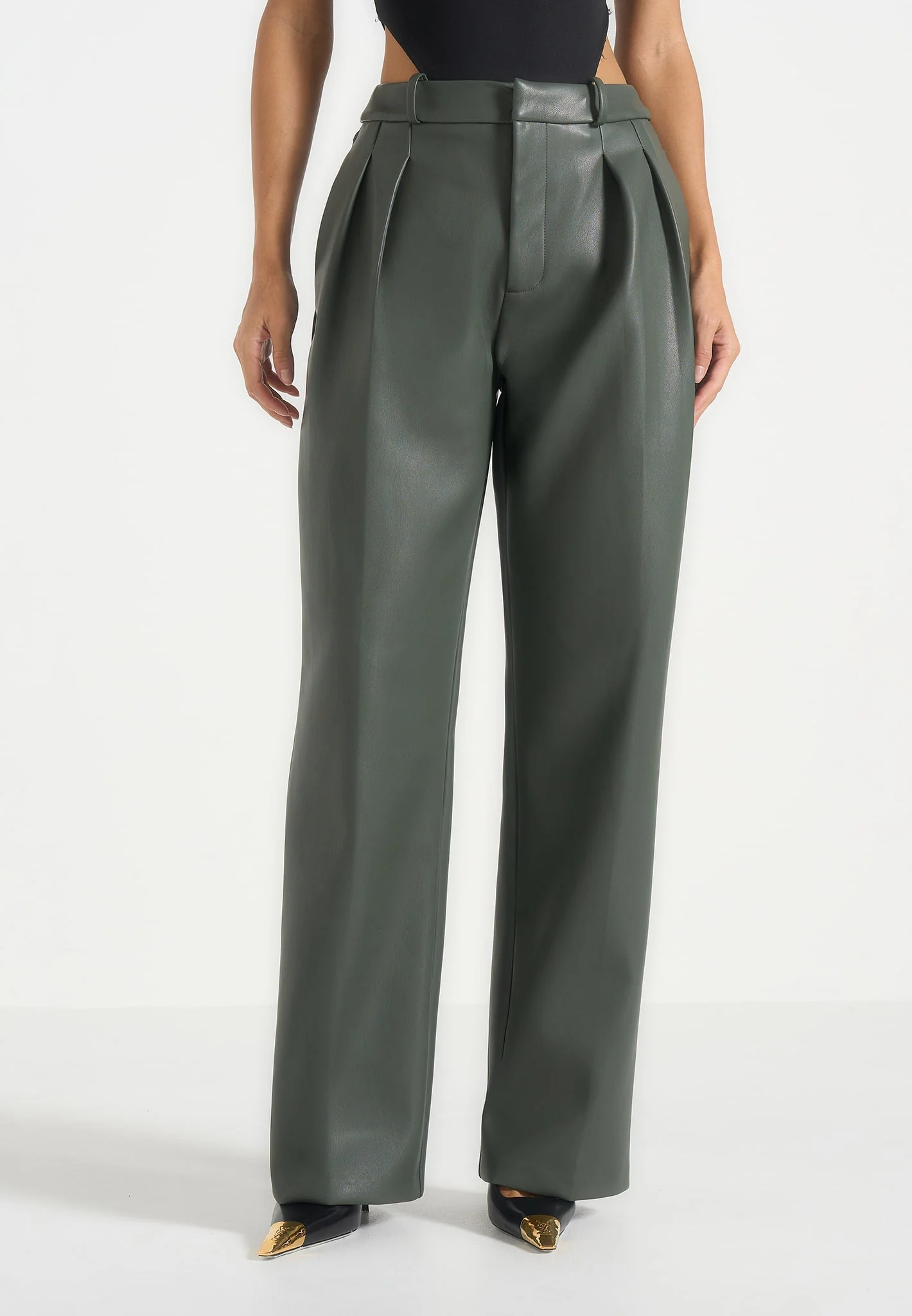 Julie - Leather Twin Pleat Trousers - Olive - Image 2