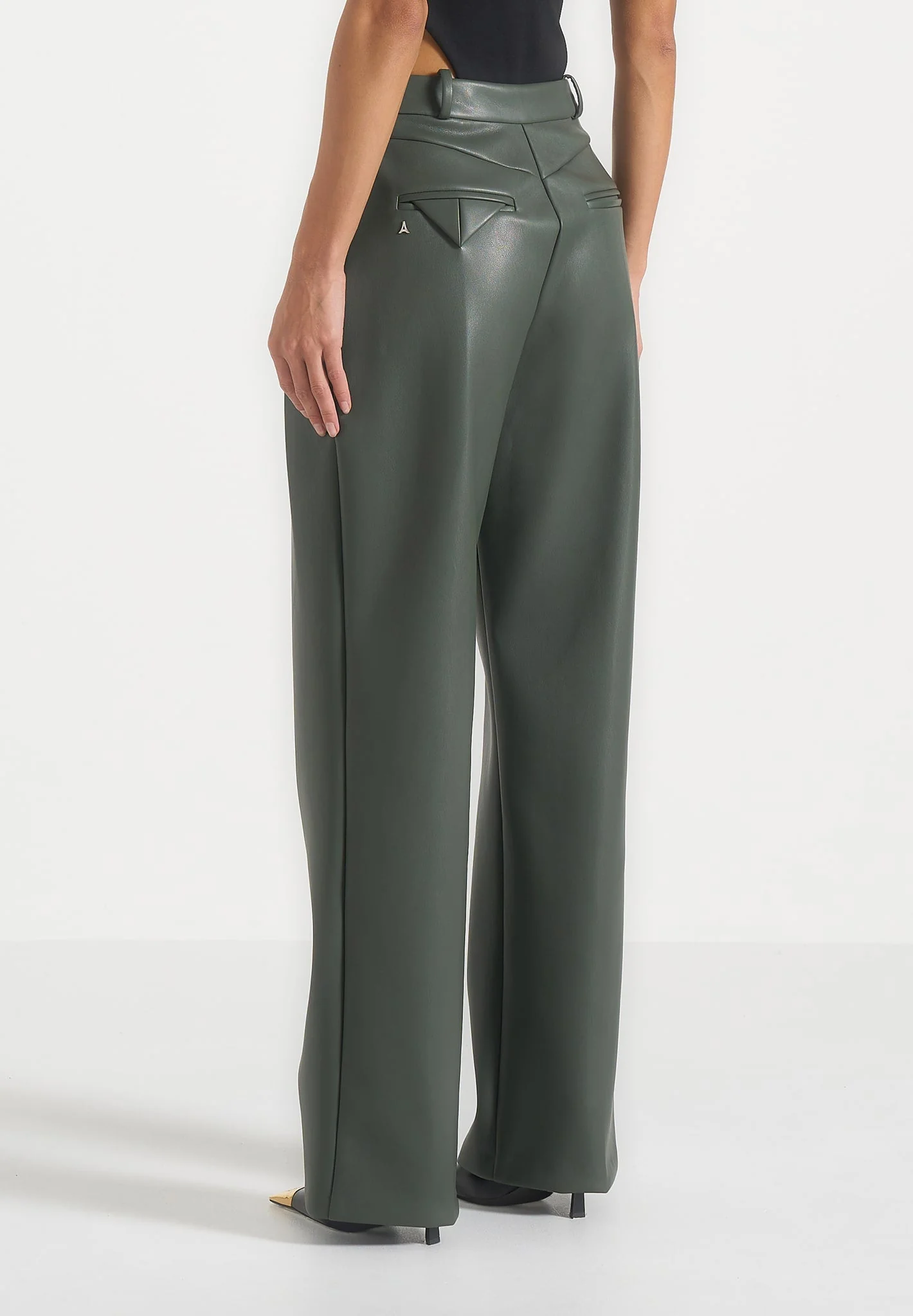 Julie - Leather Twin Pleat Trousers - Olive - Image 4