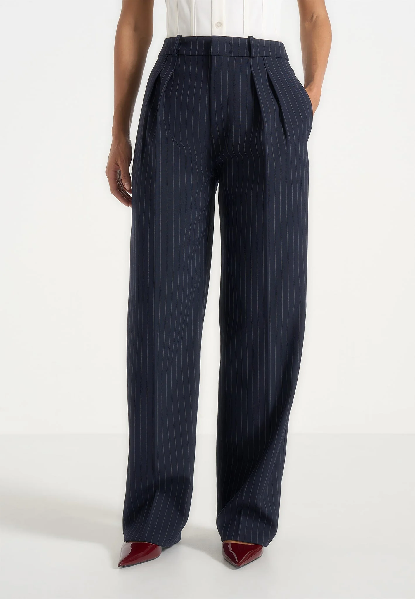Julie - Pinstripe Twin Pleat Tailored Trousers - Navy - Image 2