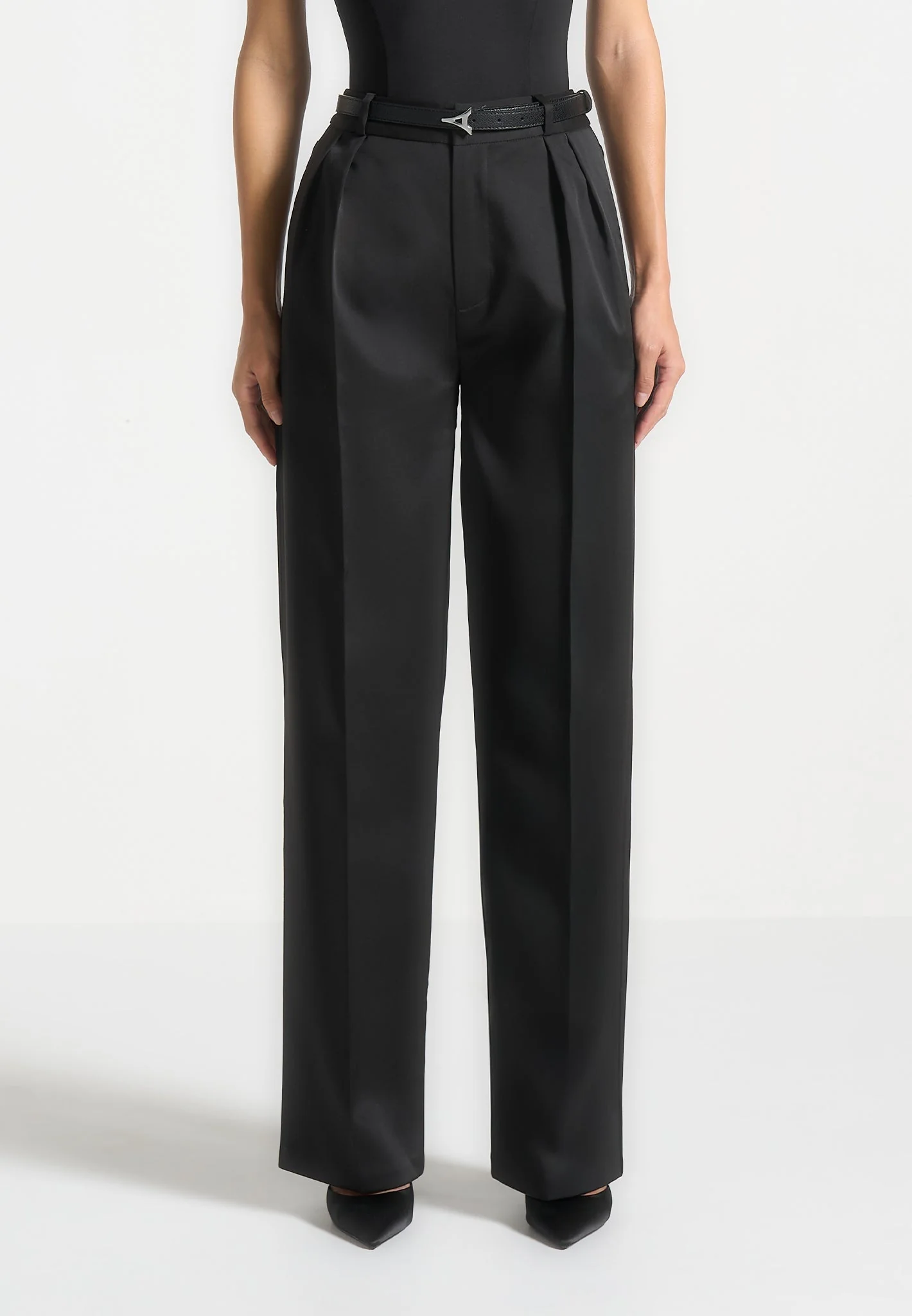 Julie - Sateen Tailored Twin Pleat Trousers - Black - Image 2