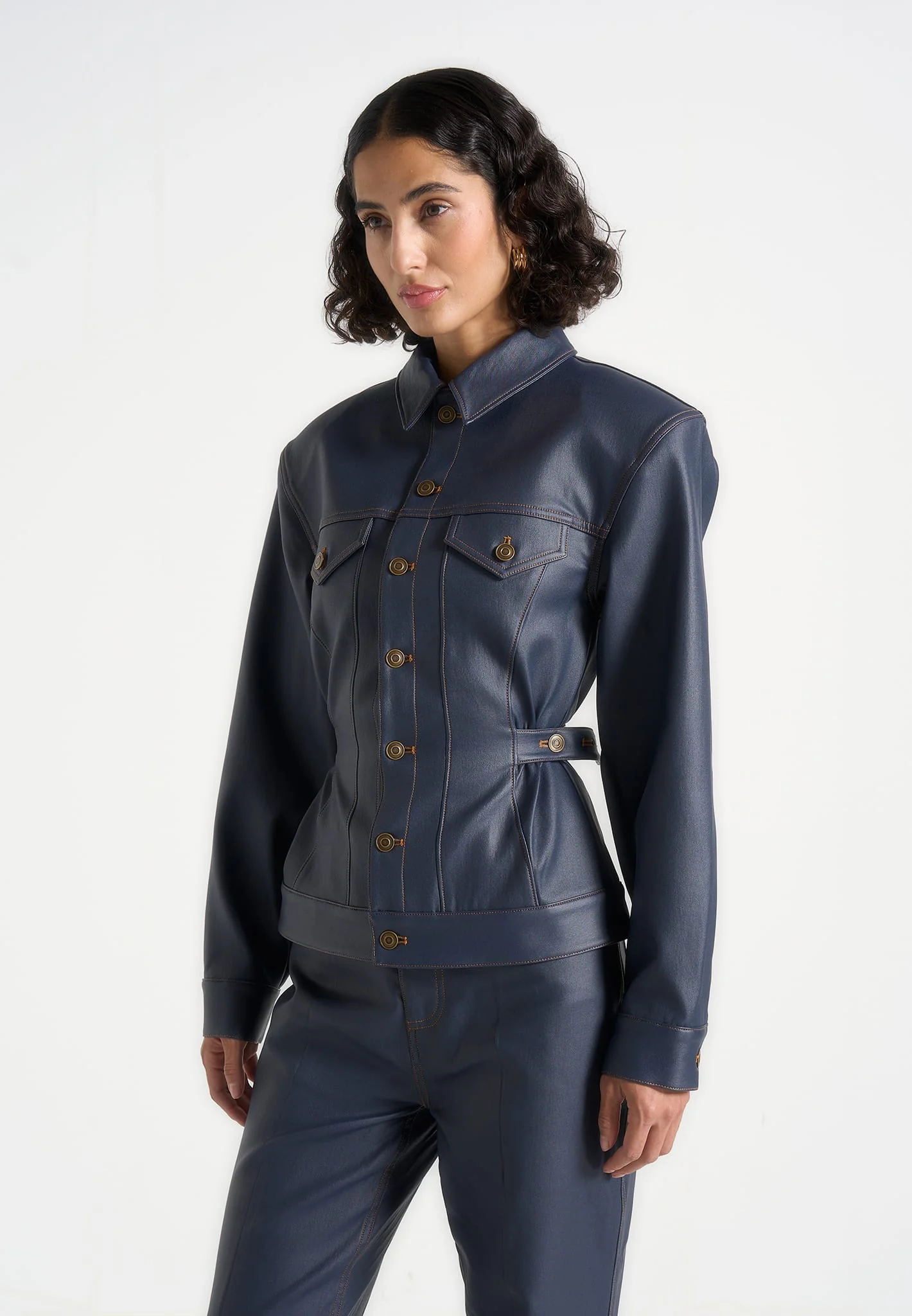 Karla - Wax Effect Cinch Waist Jacket - Indigo - Image 6