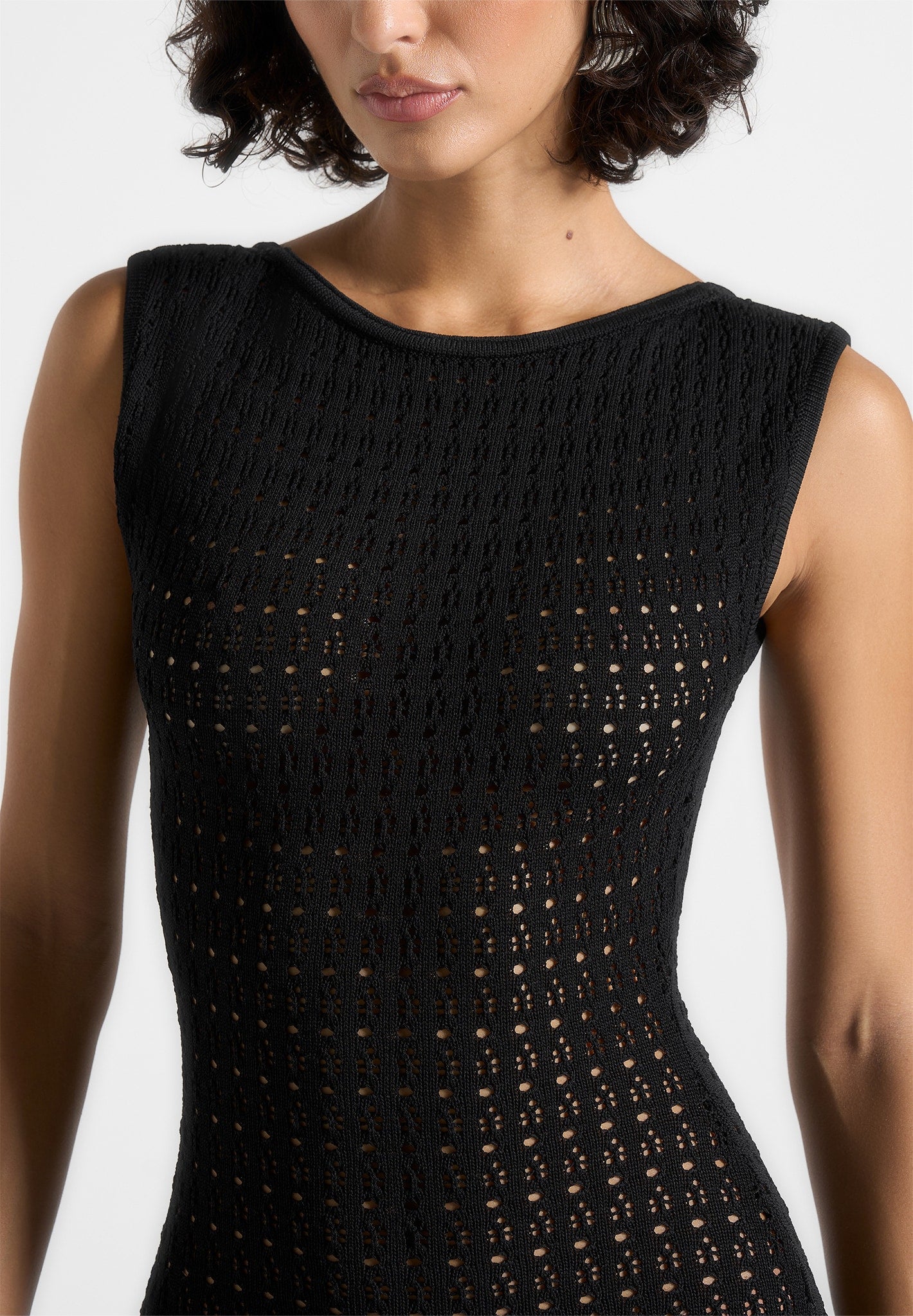 Keyla - Pointelle Mini Dress With Belt - Black - Image 5