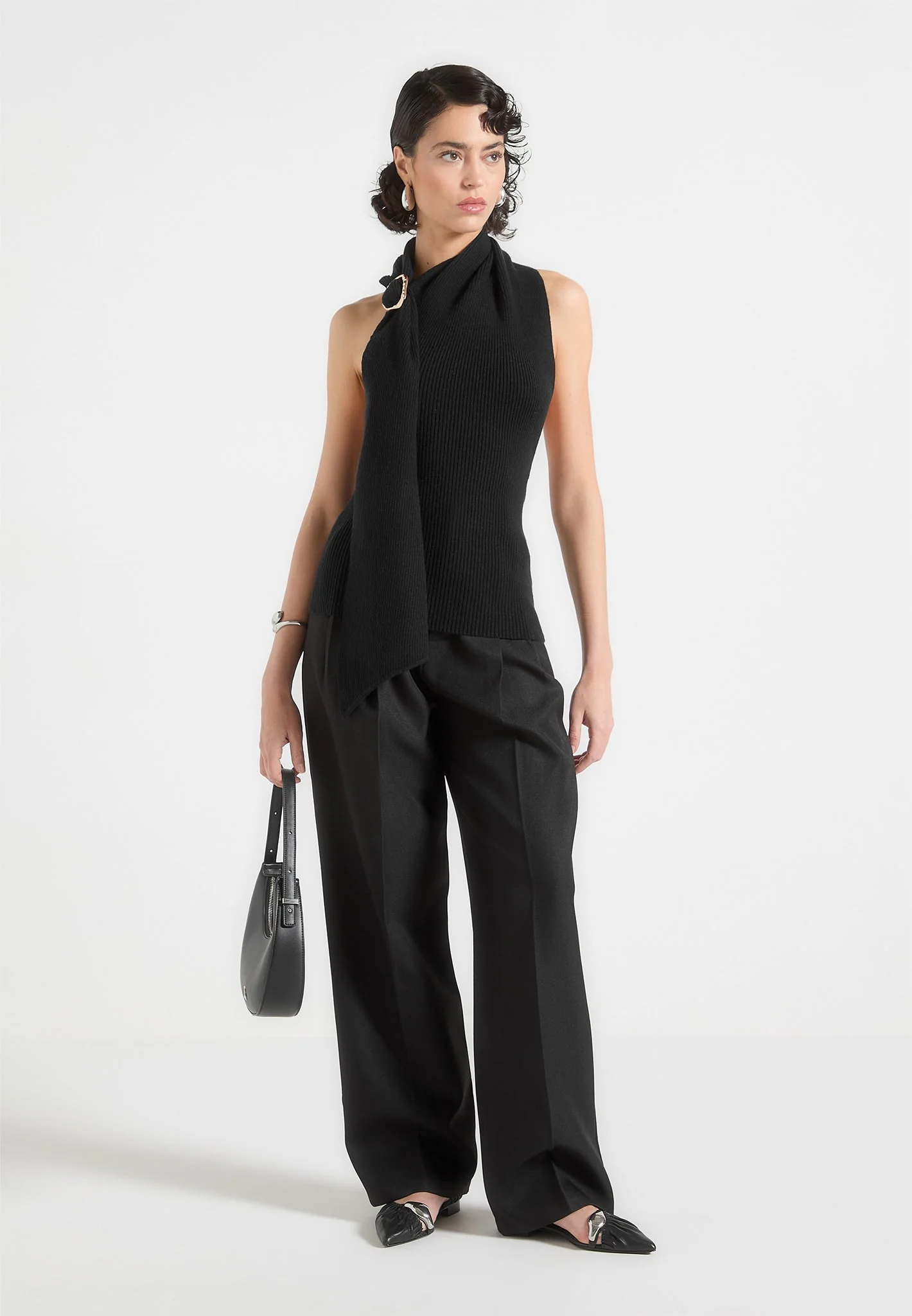 Elodie - Knitted Draped Halterneck Top - Black - Image 2
