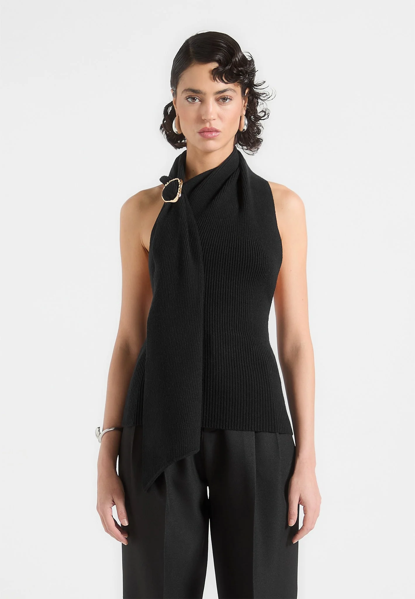 Elodie - Knitted Draped Halterneck Top - Black - Image 4