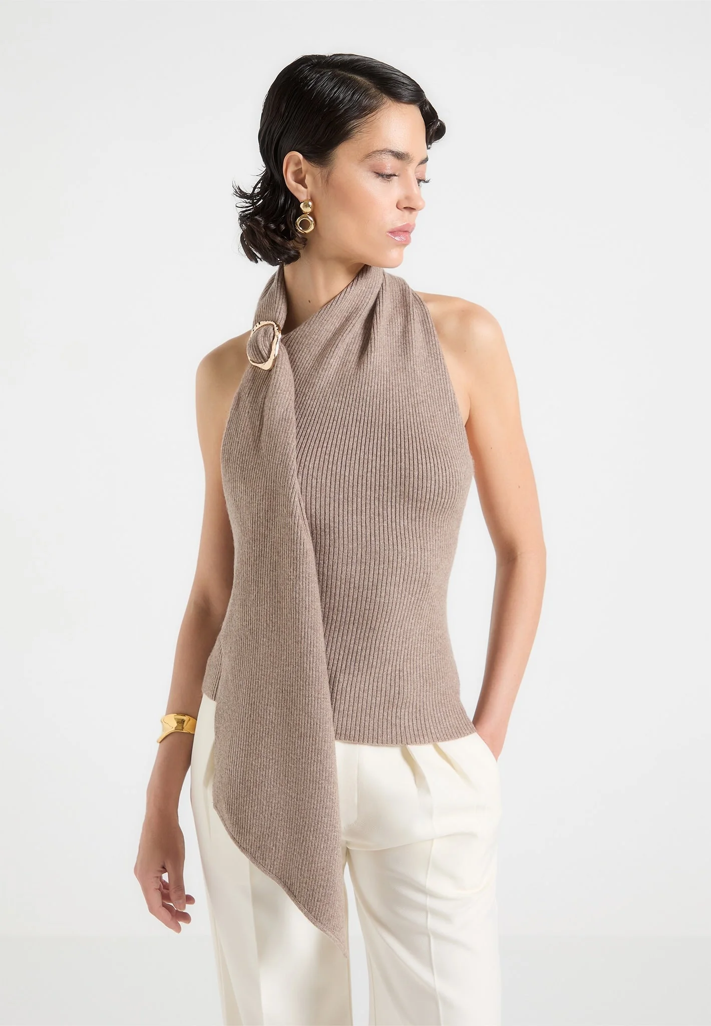 Elodie - Knitted Draped Halterneck Top - Taupe