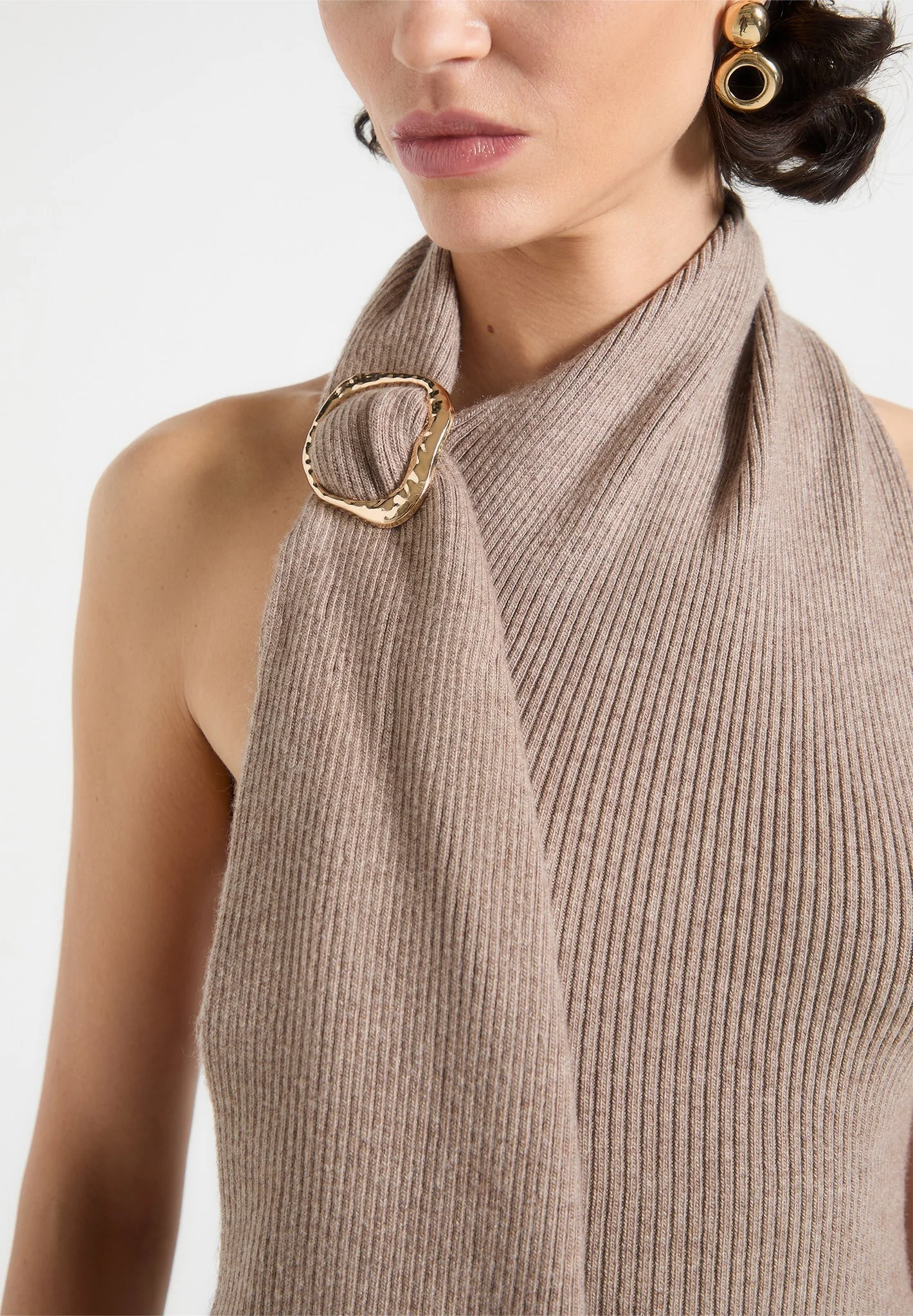 Elodie - Knitted Draped Halterneck Top - Taupe - Image 3