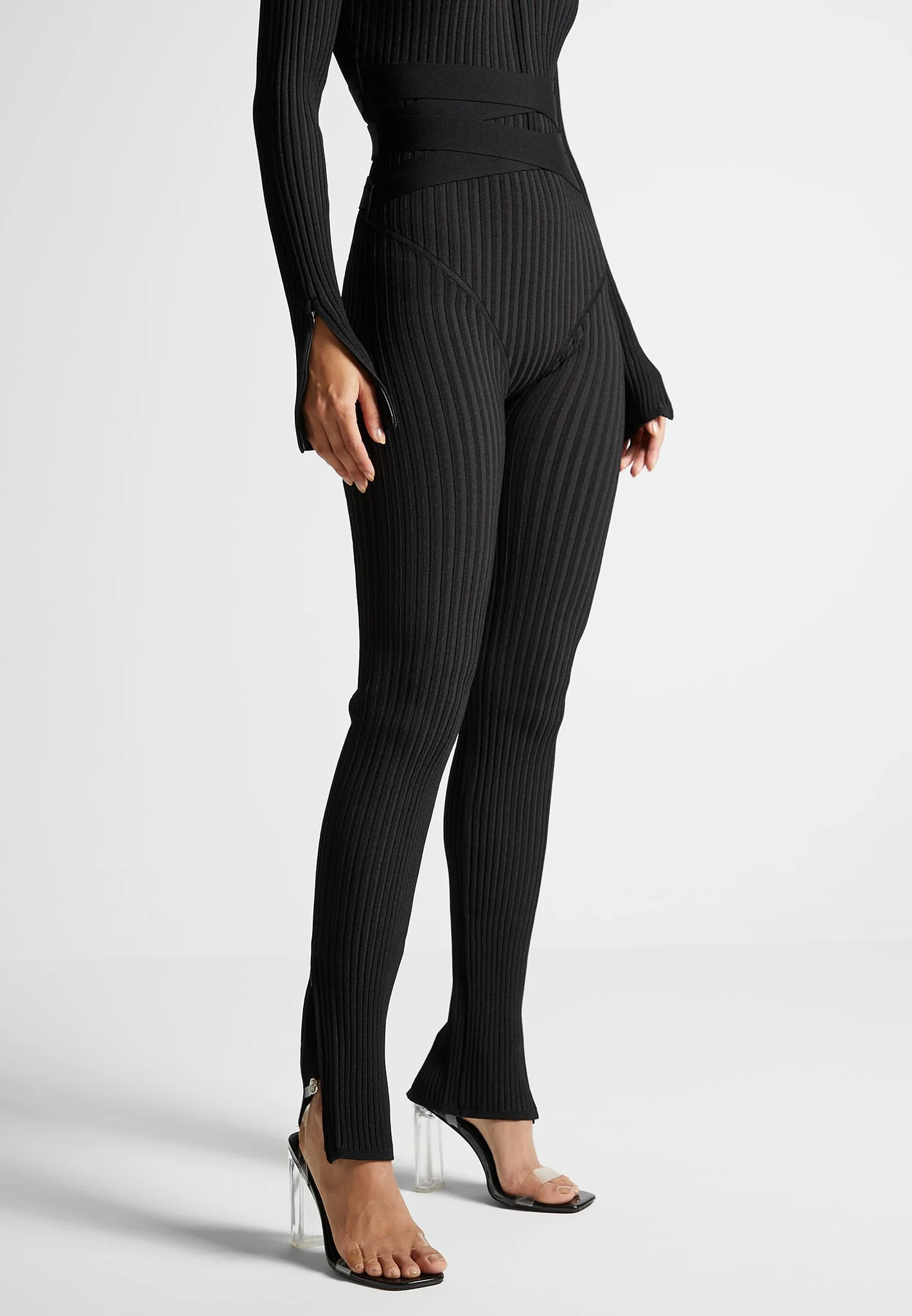 Knitted Two Tone Jumpsuit with Belt - Black - Image 6