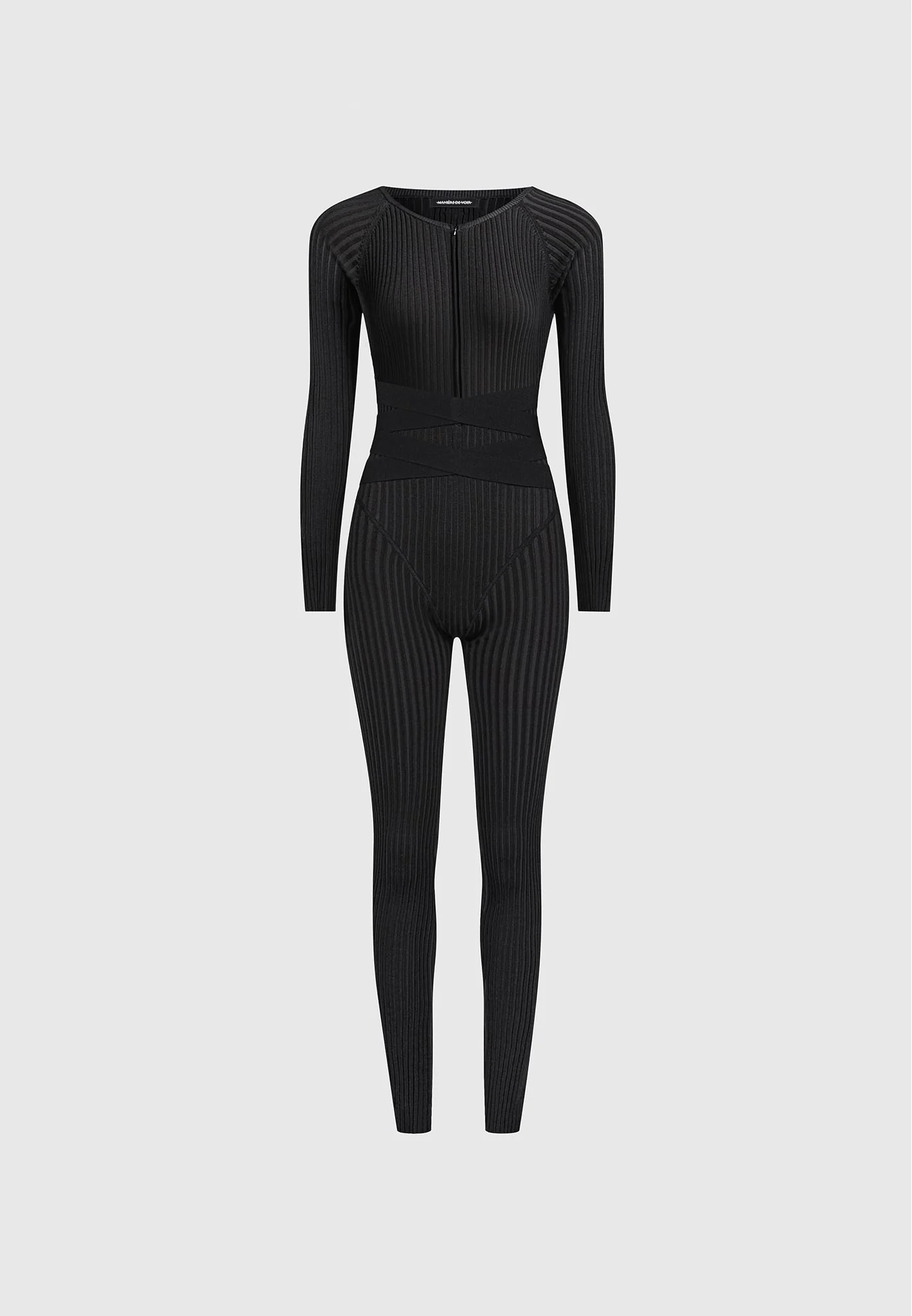 Knitted Two Tone Jumpsuit with Belt - Black - Image 7