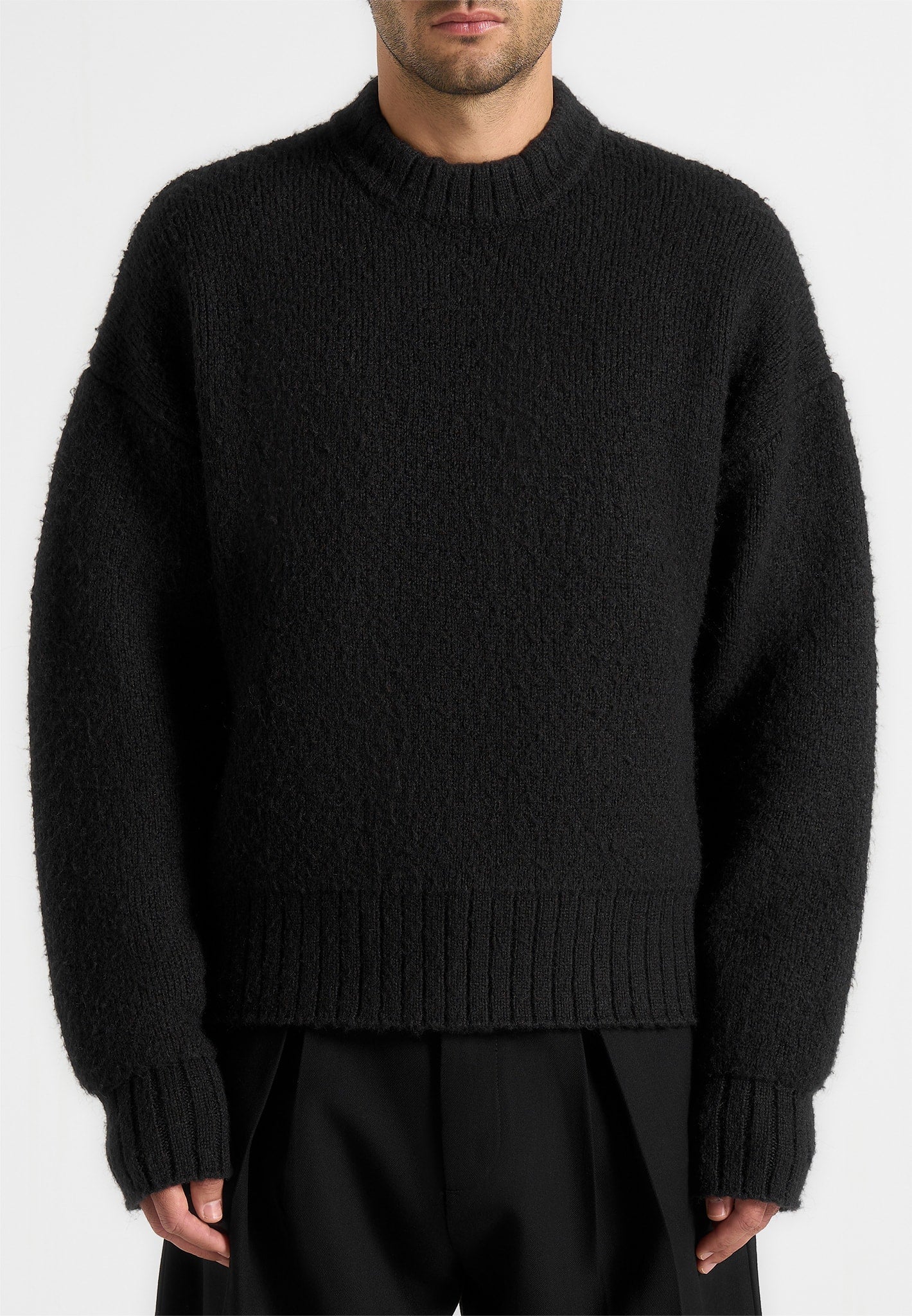 KW001 - Brushed Wool Knit Sweater - Black - Image 3