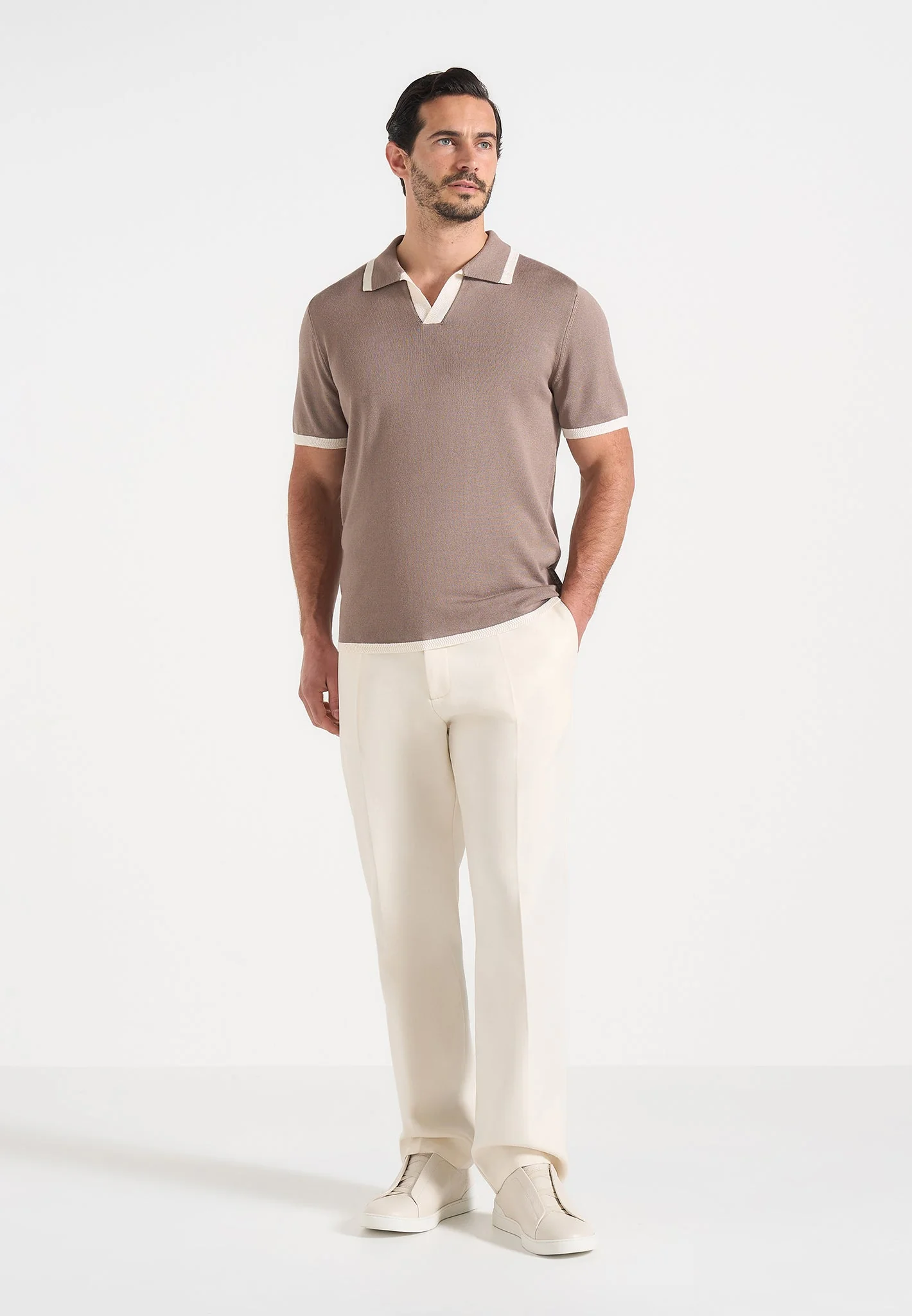 Lambert - Contrast Detail Knit Polo Shirt - Mushroom - Image 2