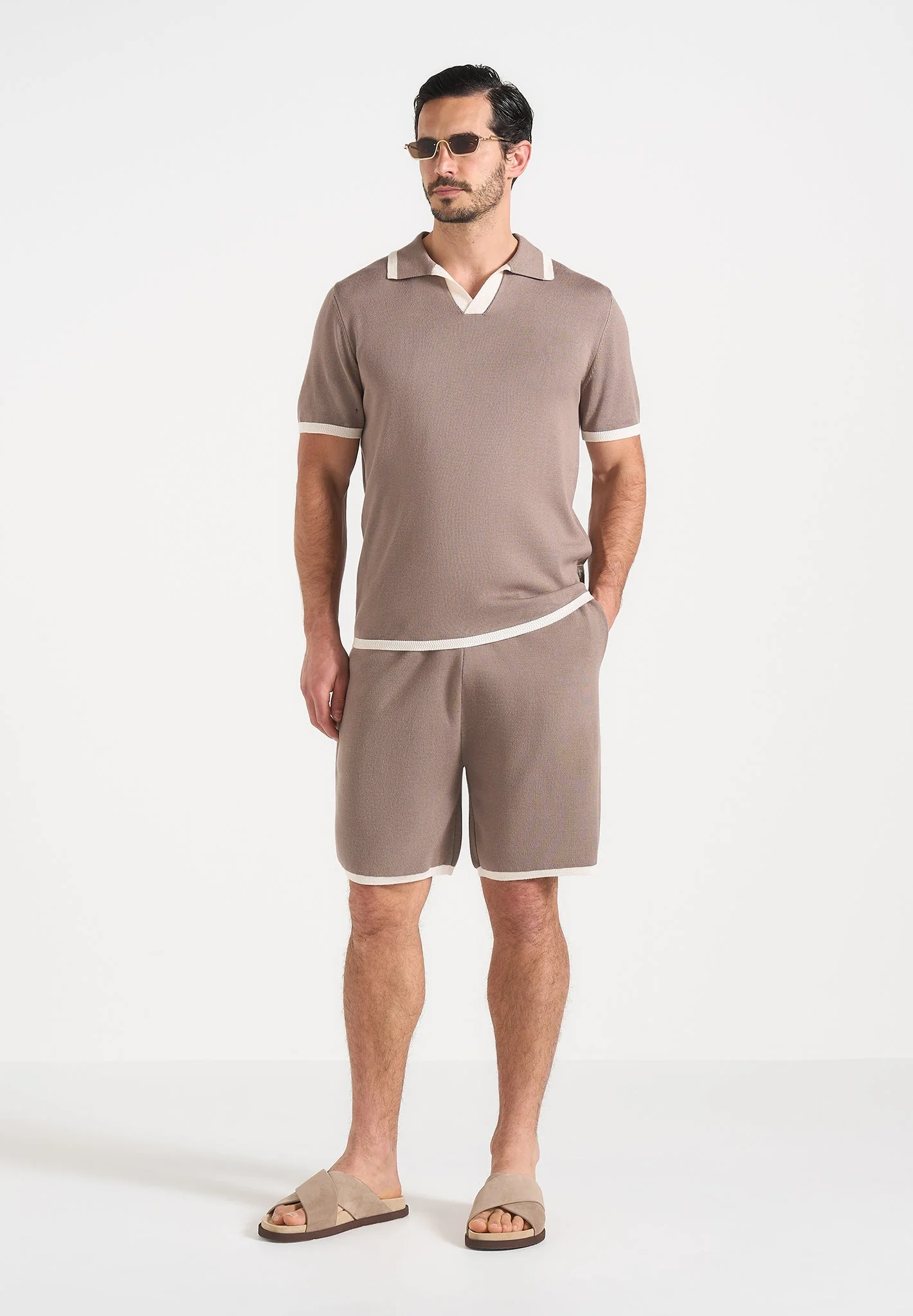 Lambert - Contrast Detail Knit Polo Shirt - Mushroom - Image 5