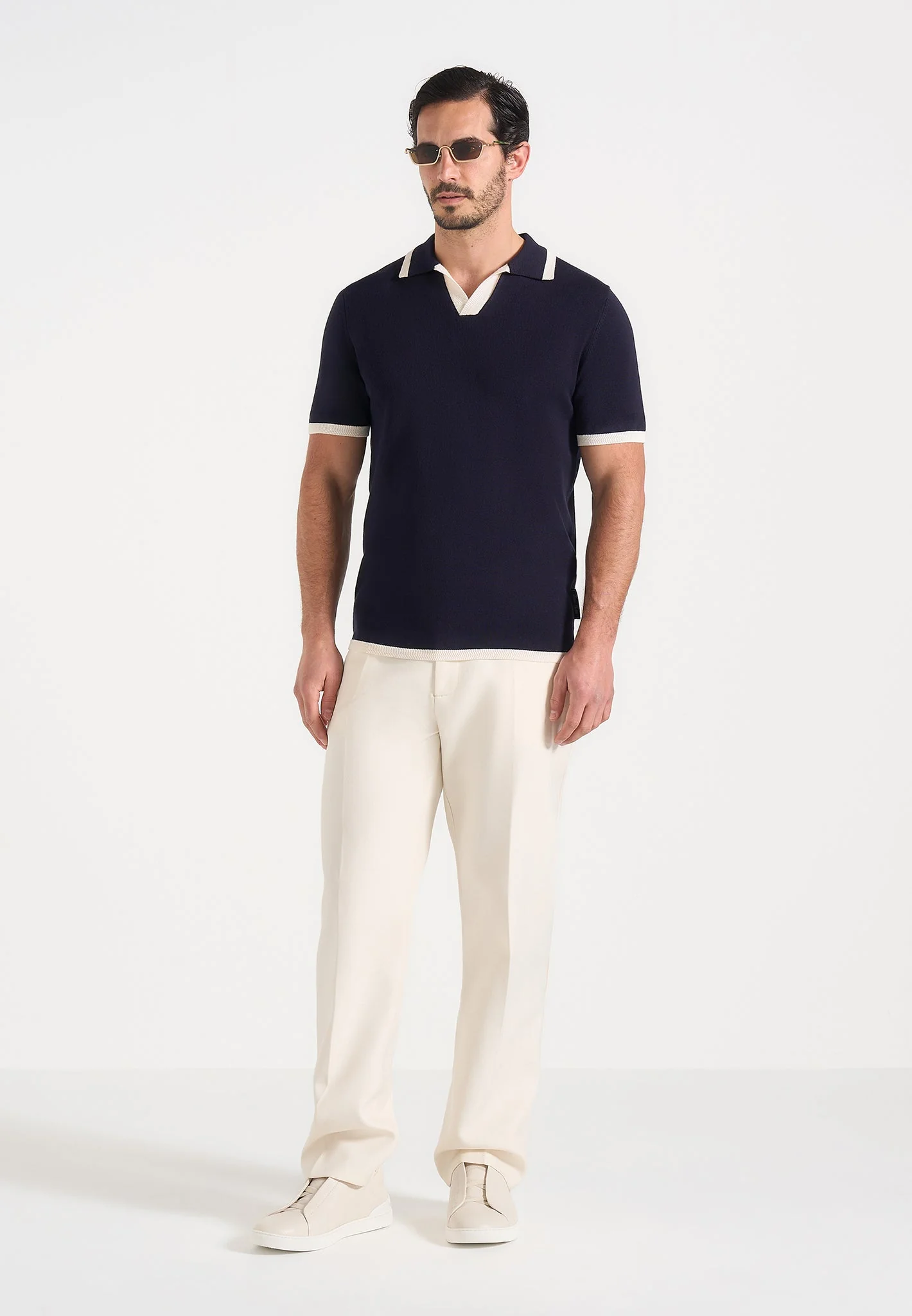 Lambert - Contrast Detail Knit Polo Shirt - Navy - Image 2