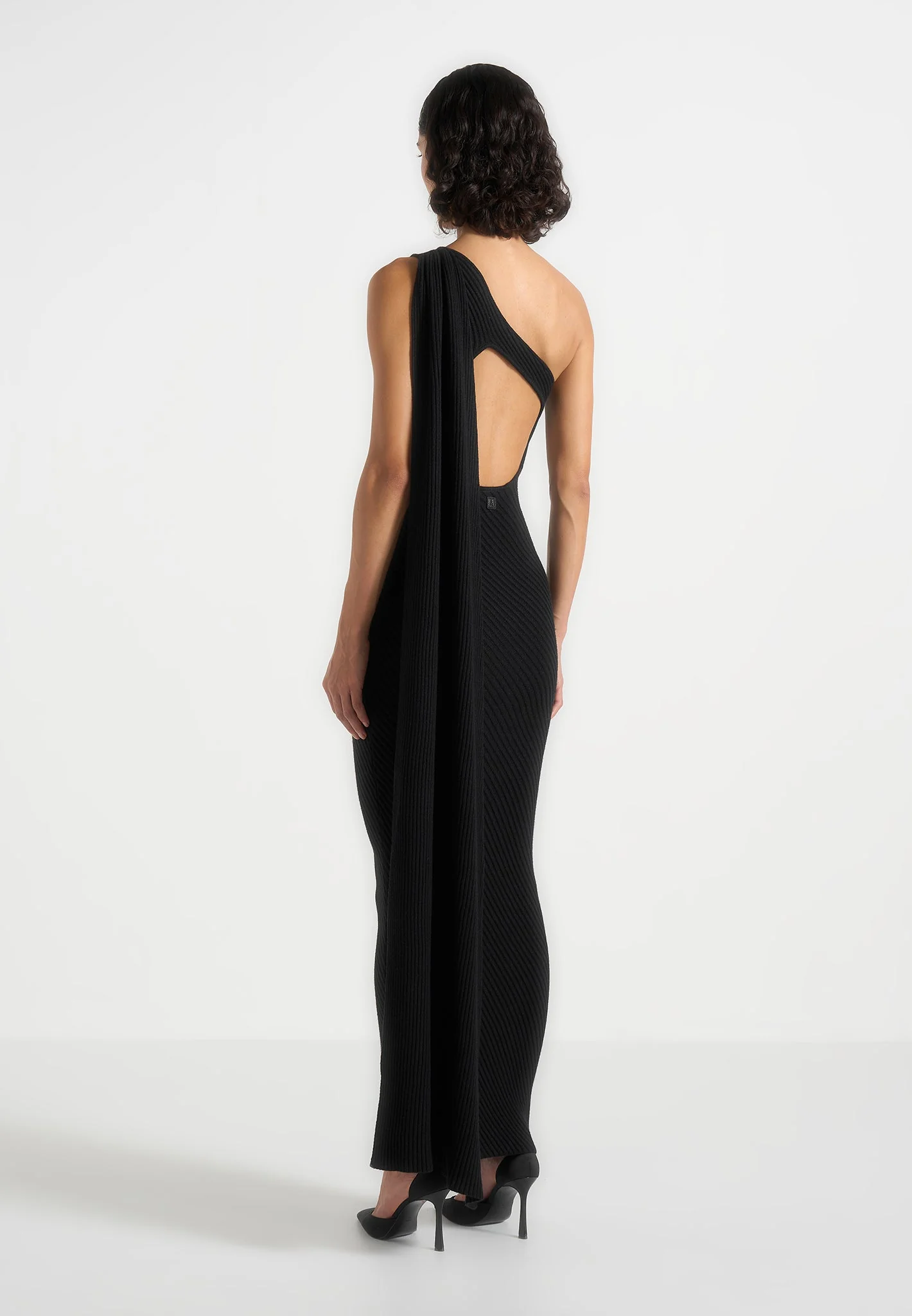 Laya - Asymmetric Knit Maxi Dress With Scarf - Black - Image 5