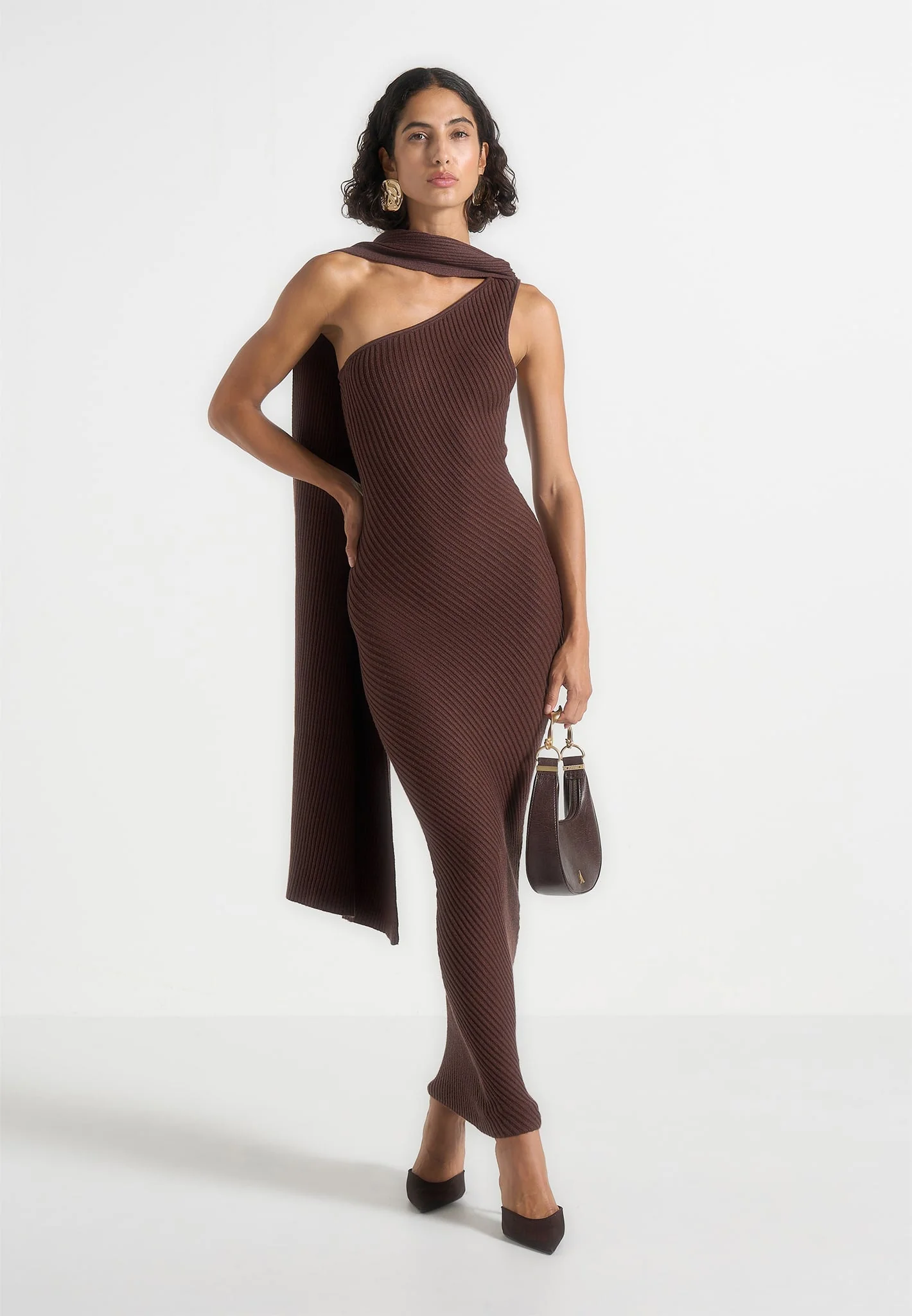 Laya - Asymmetric Knit Maxi Dress With Scarf - Brown - Image 3