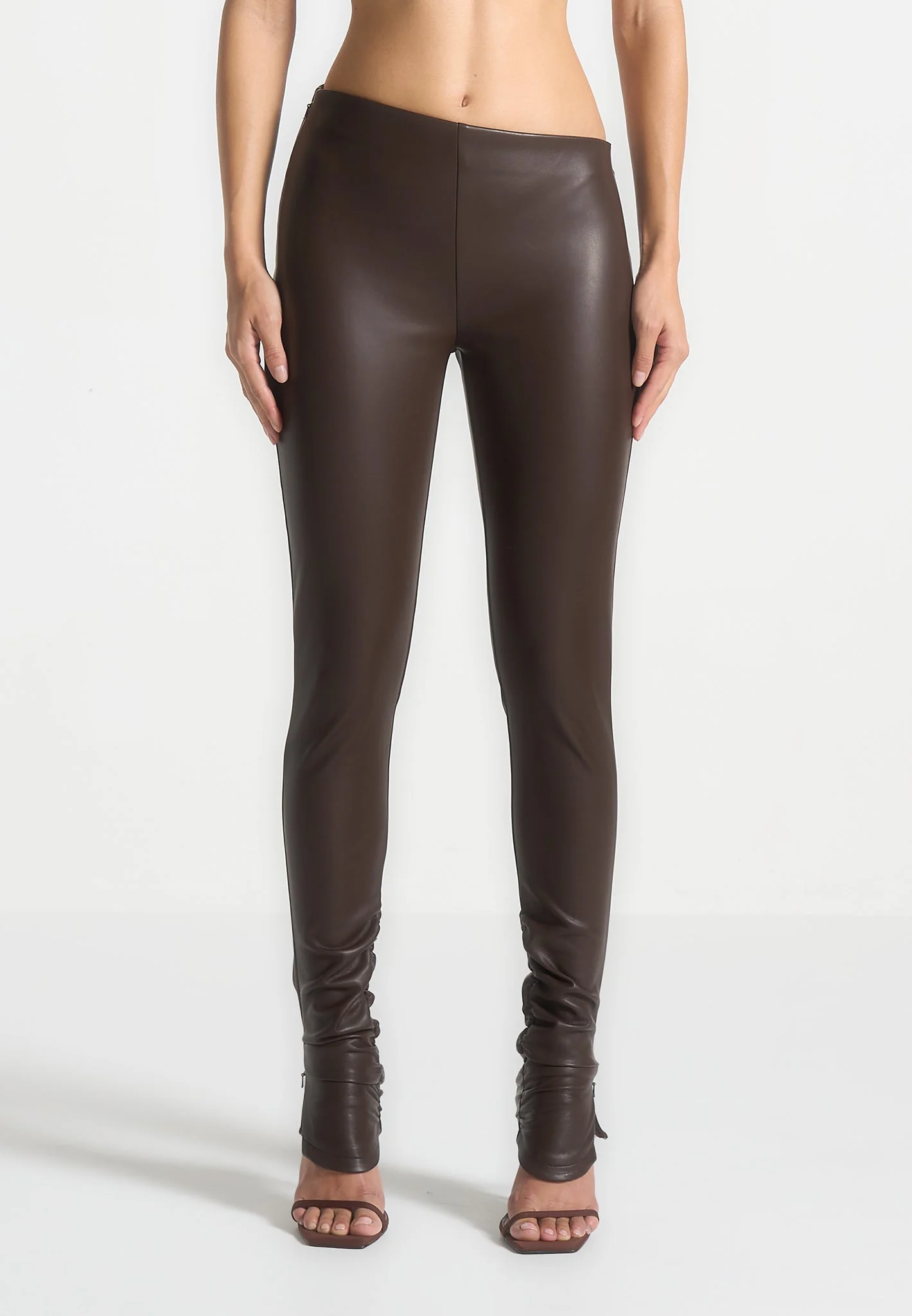 Clara - Leather Angled Waistband Leggings - Brown - Image 3