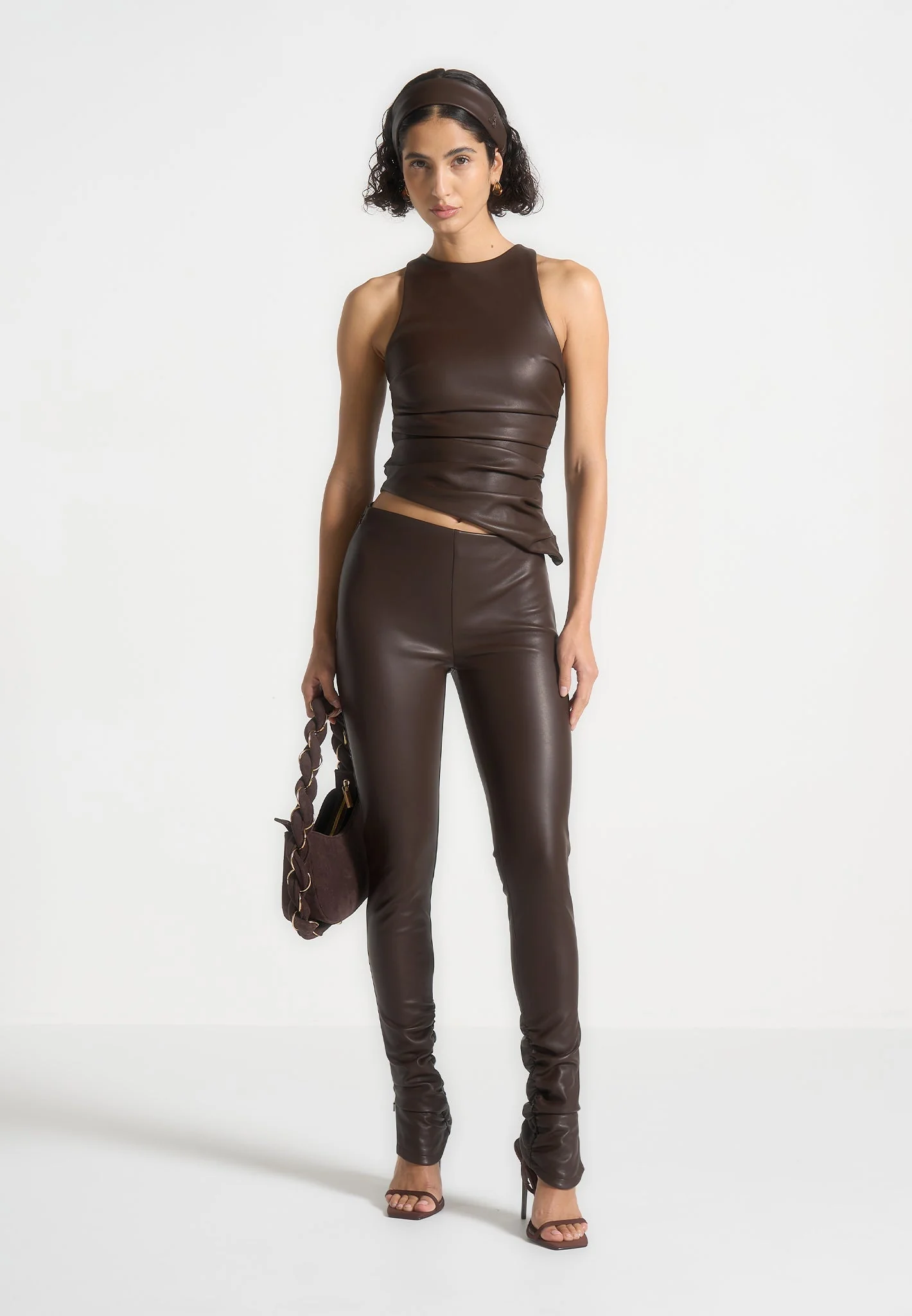 Clara - Leather Angled Waistband Leggings - Brown - Image 4