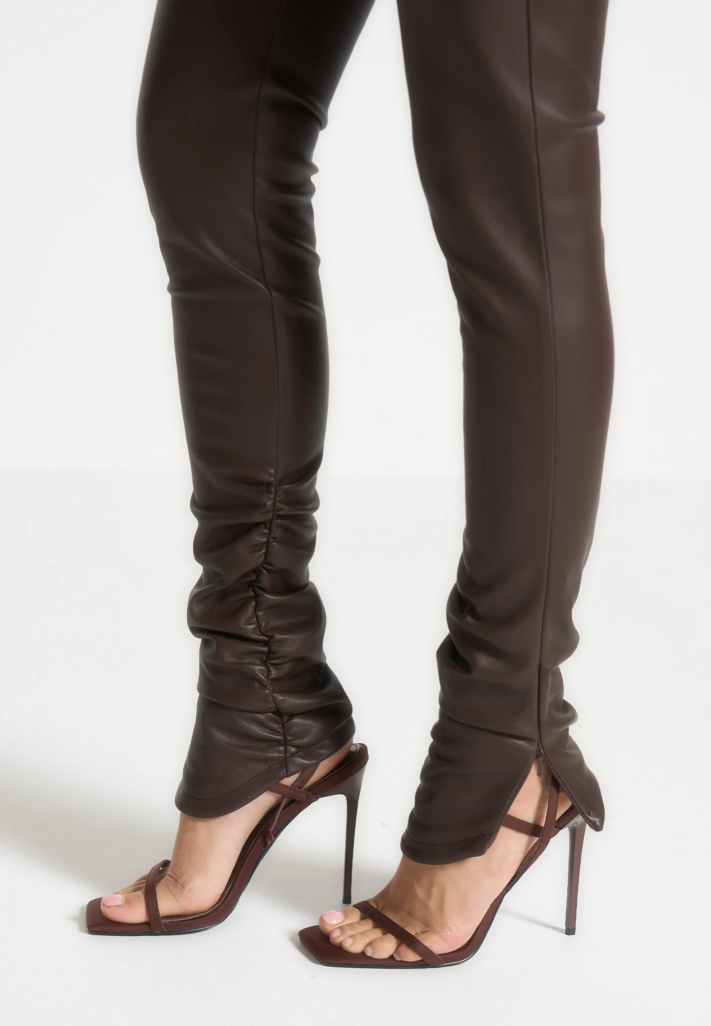 Clara - Leather Angled Waistband Leggings - Brown - Image 5