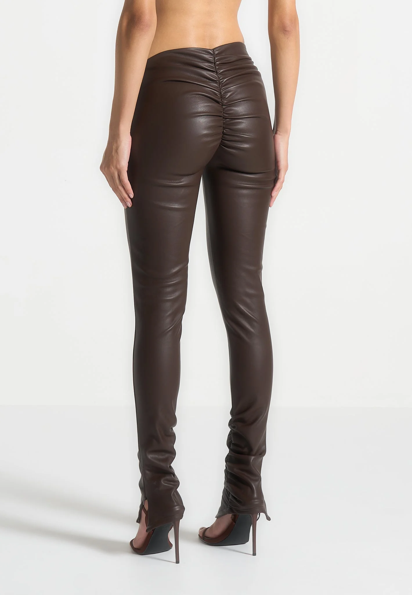 Clara - Leather Angled Waistband Leggings - Brown - Image 6