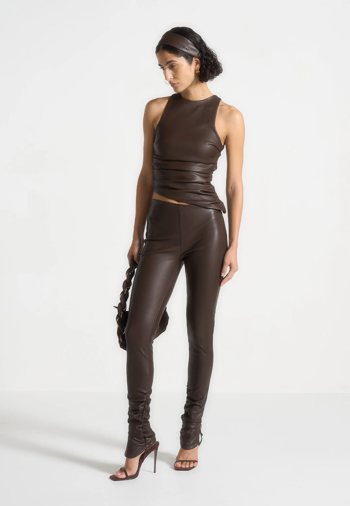 Yolande - Leather Asymmetric Tacked Racer Top - Brown - Image 2