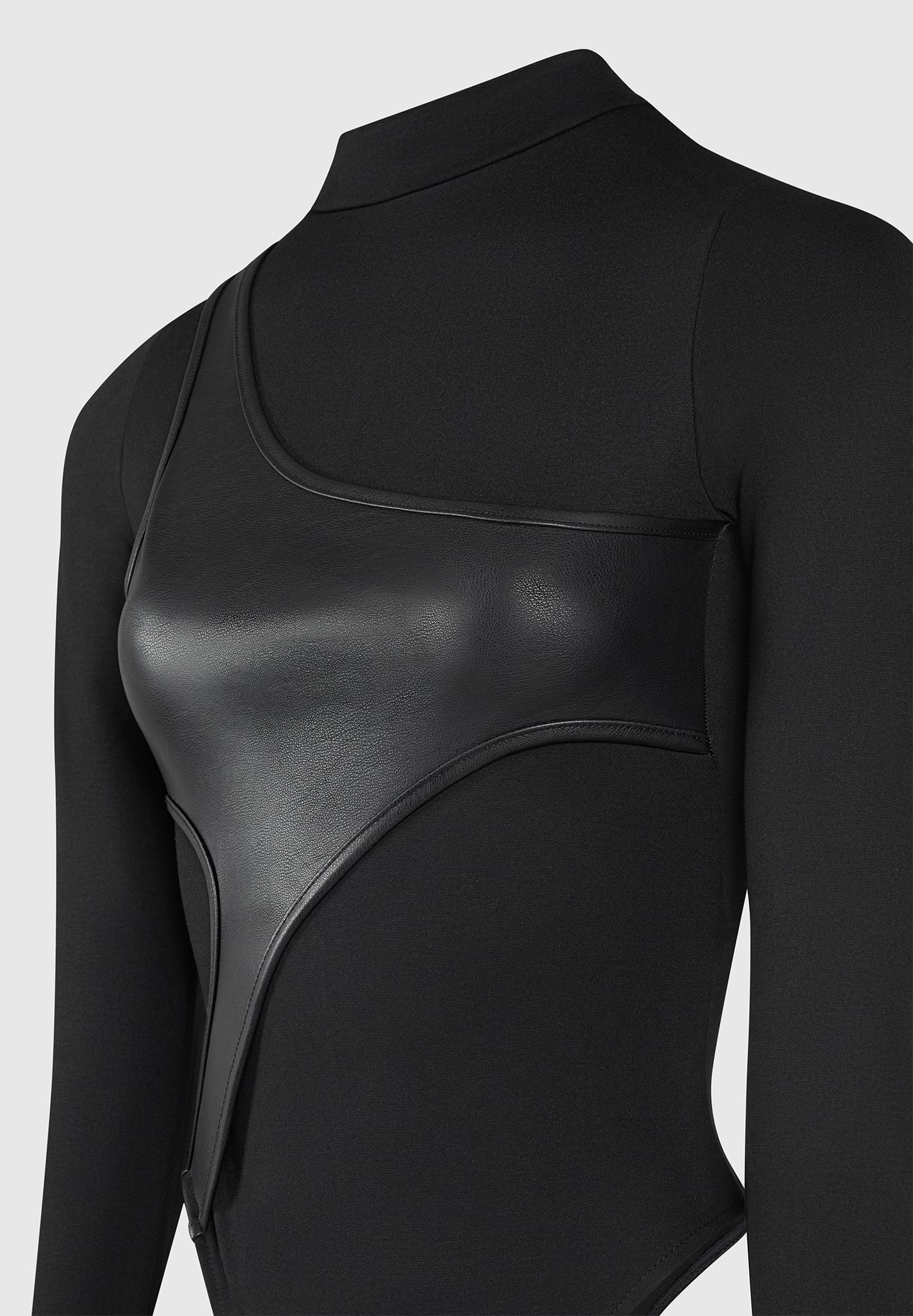 Leather Overlay High Neck Bodysuit - Black - Image 6