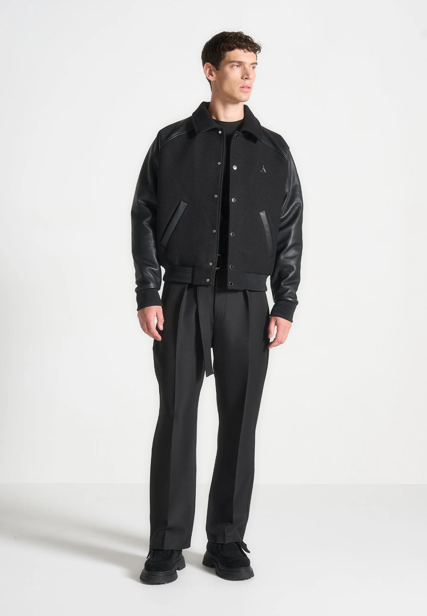 Olivier - Leather Raglan Varsity Jacket - Black