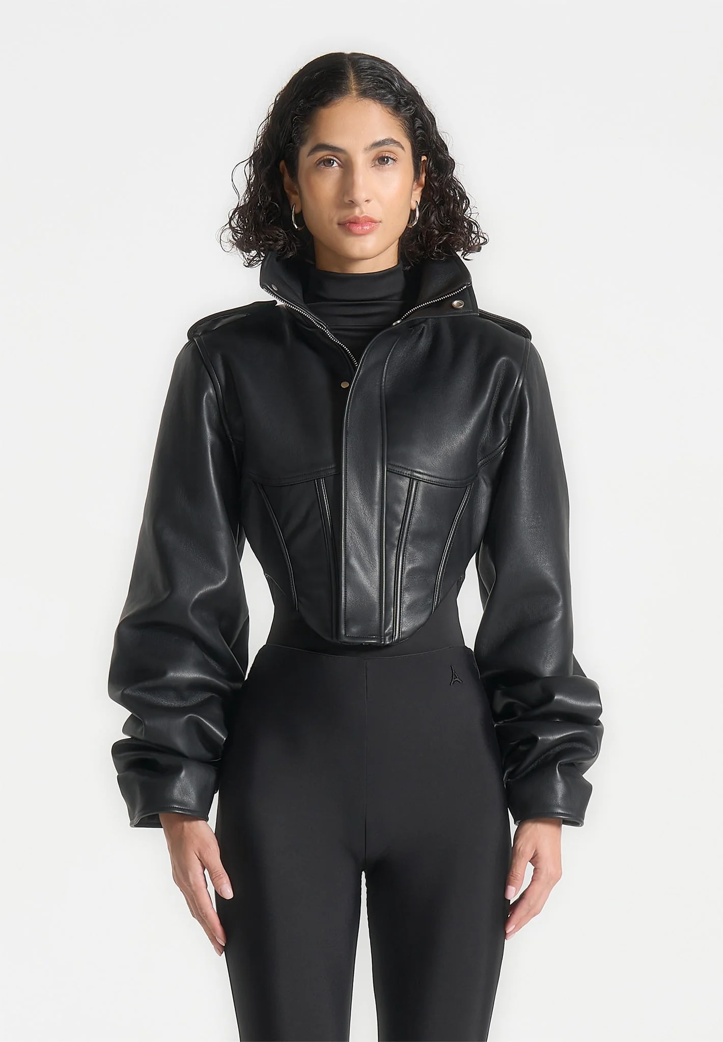 Solange - Leather Tacked Sleeve Corset Jacket - Black - Image 4
