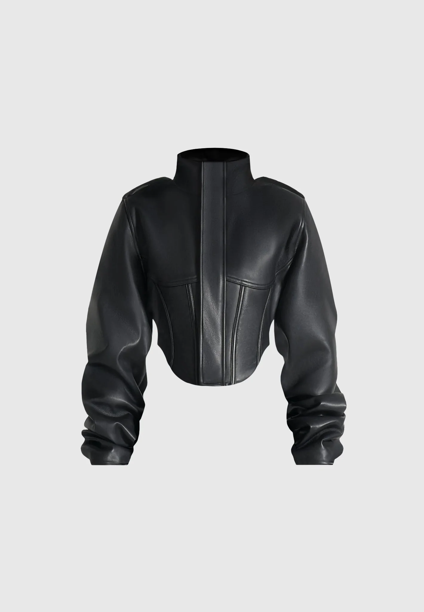 Solange - Leather Tacked Sleeve Corset Jacket - Black - Image 7