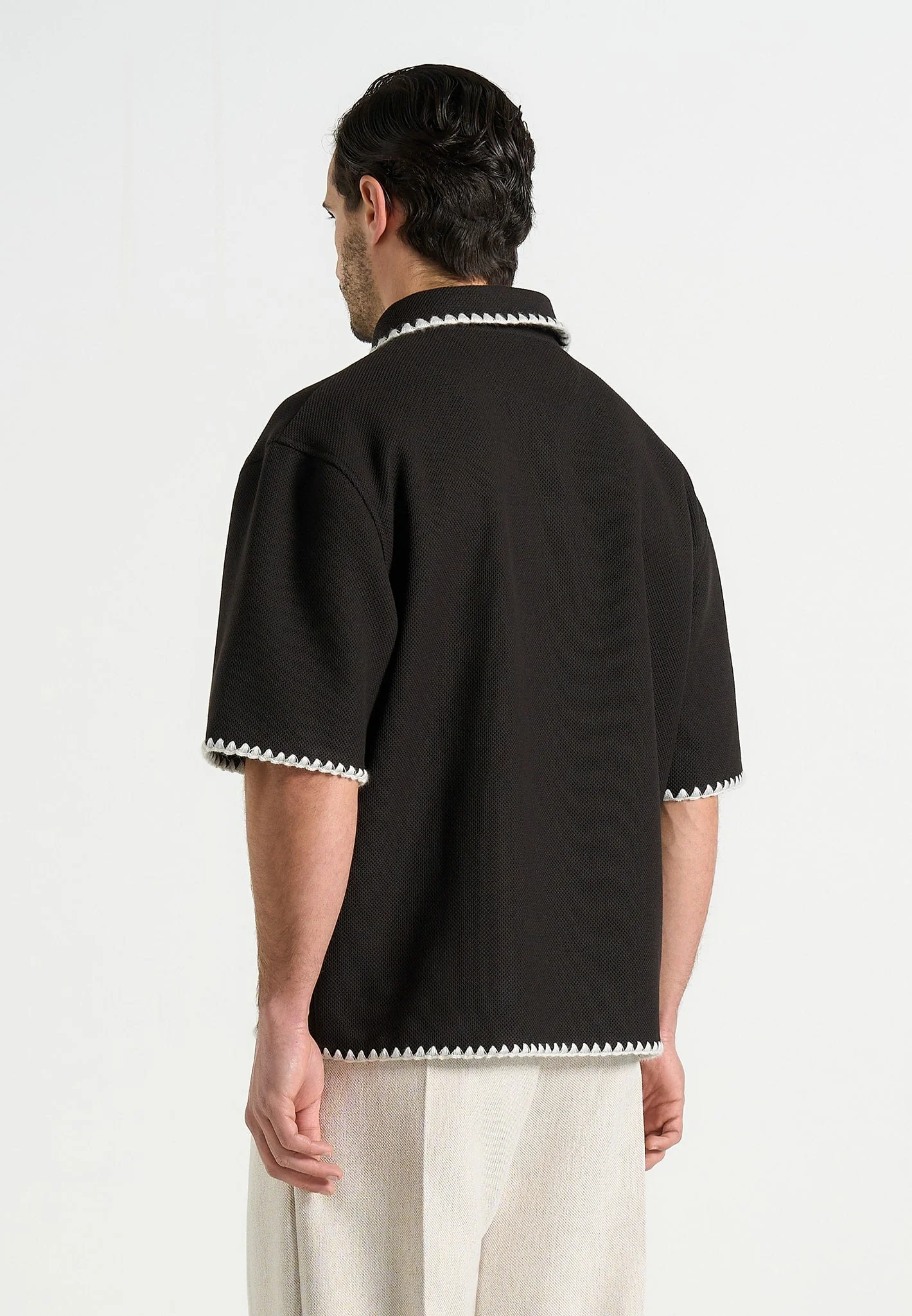 Lenny - Boxy Polo Shirt With Whipstitch Detail - Black - Image 3