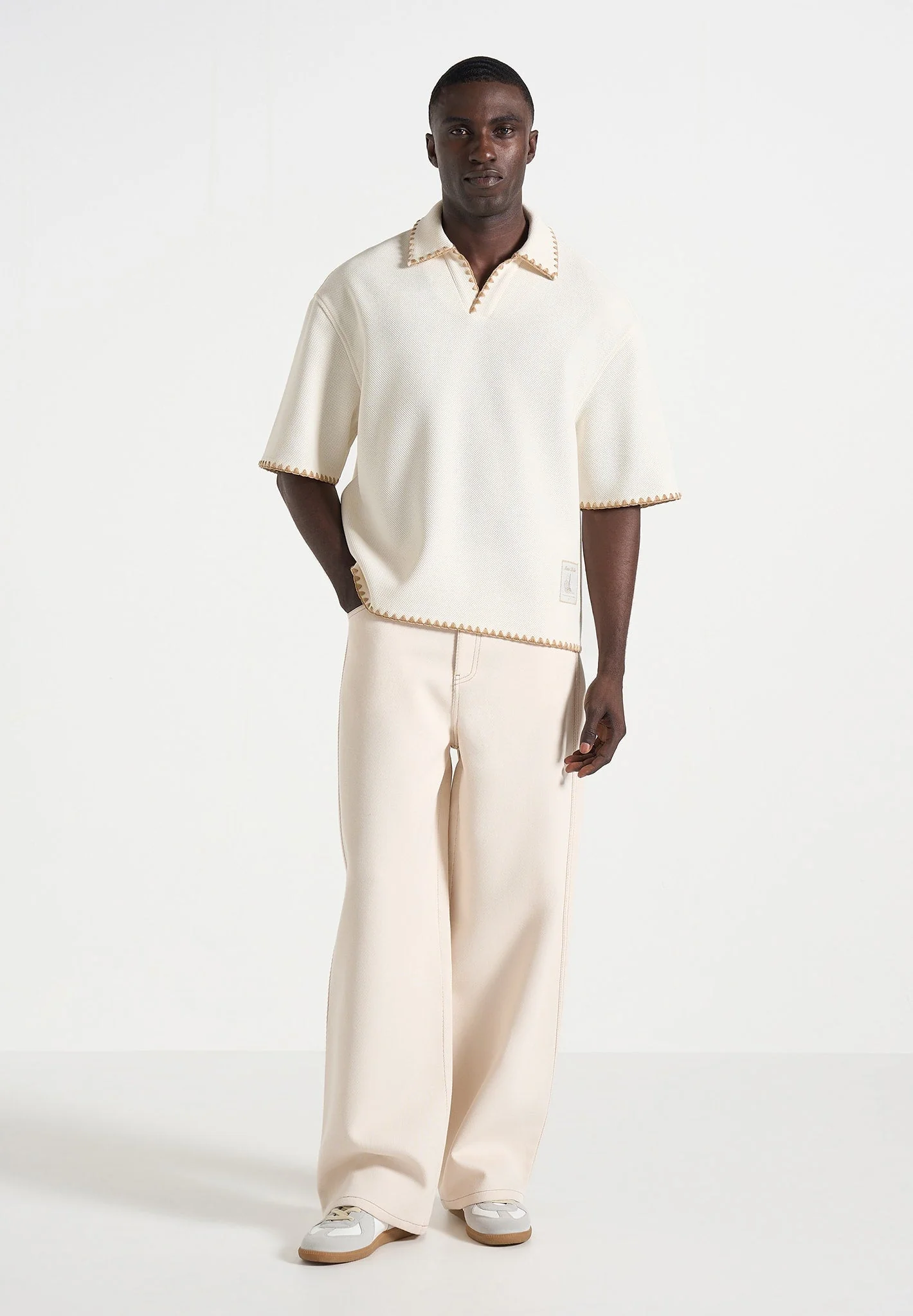 Lenny - Boxy Polo Shirt With Whipstitch Detail - Cream - Image 2