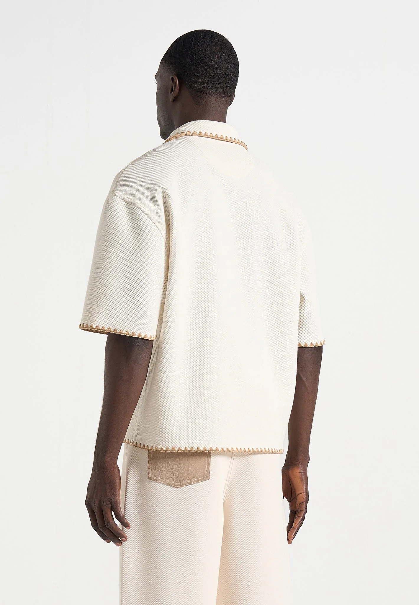 Lenny - Boxy Polo Shirt With Whipstitch Detail - Cream - Image 3