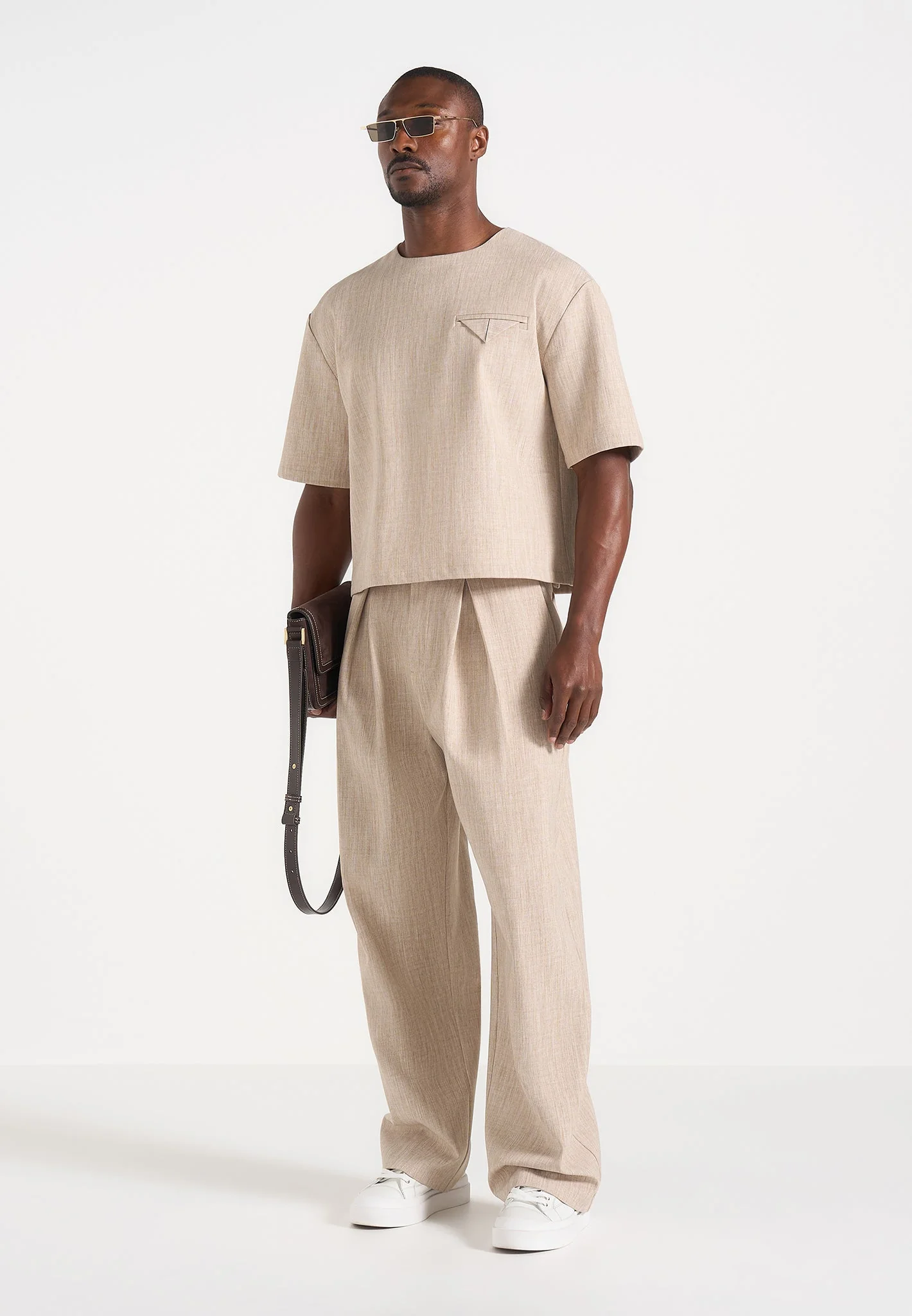 Leon - Boxy Cropped Hatched T-Shirt - Beige - Image 3