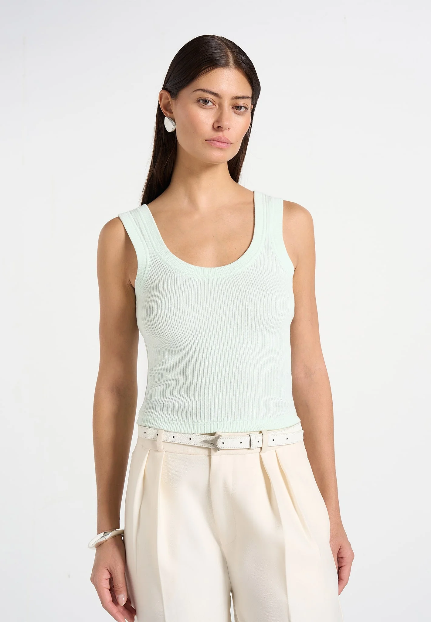 Liane - Scoop Neck Ribbed Cotton Tank Top - Mint Green
