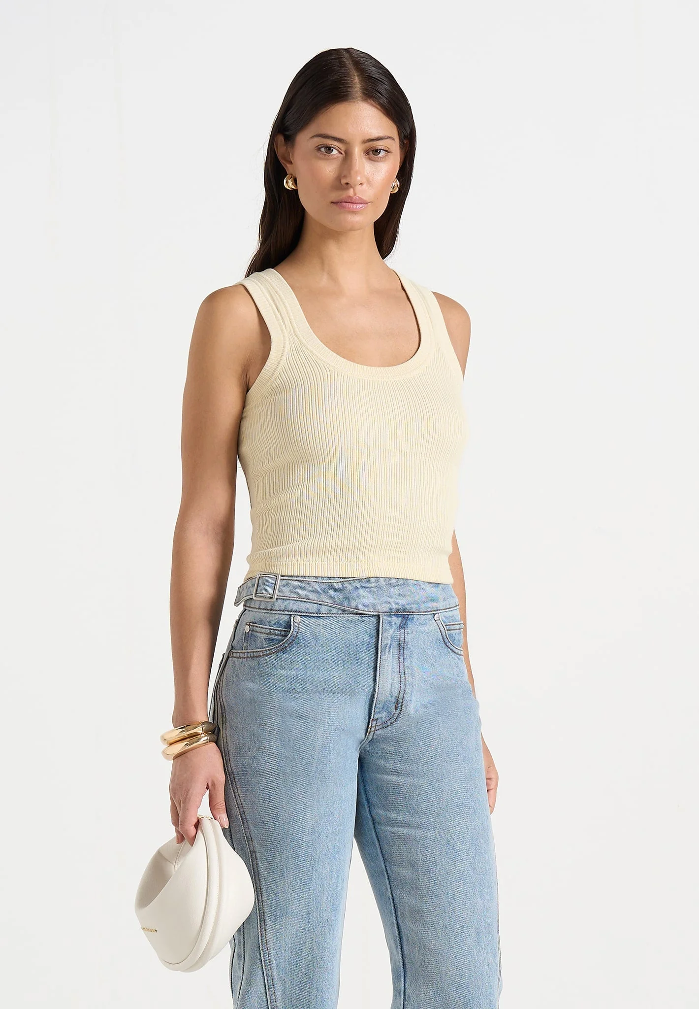 Liane - Scoop Neck Ribbed Cotton Tank Top - Pale Yellow