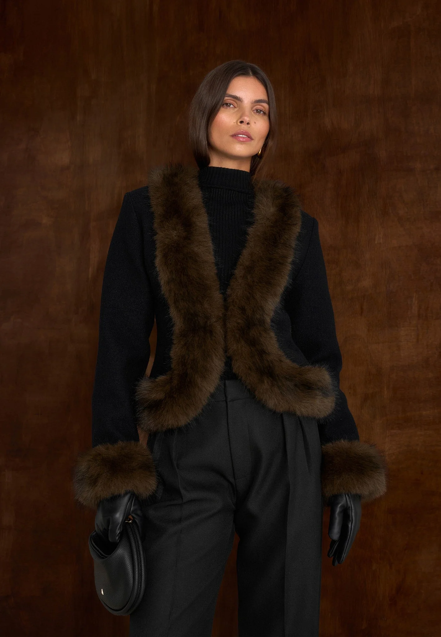 Lina - Sculpted Wool & Fur Trim Jacket - Black - Image 2
