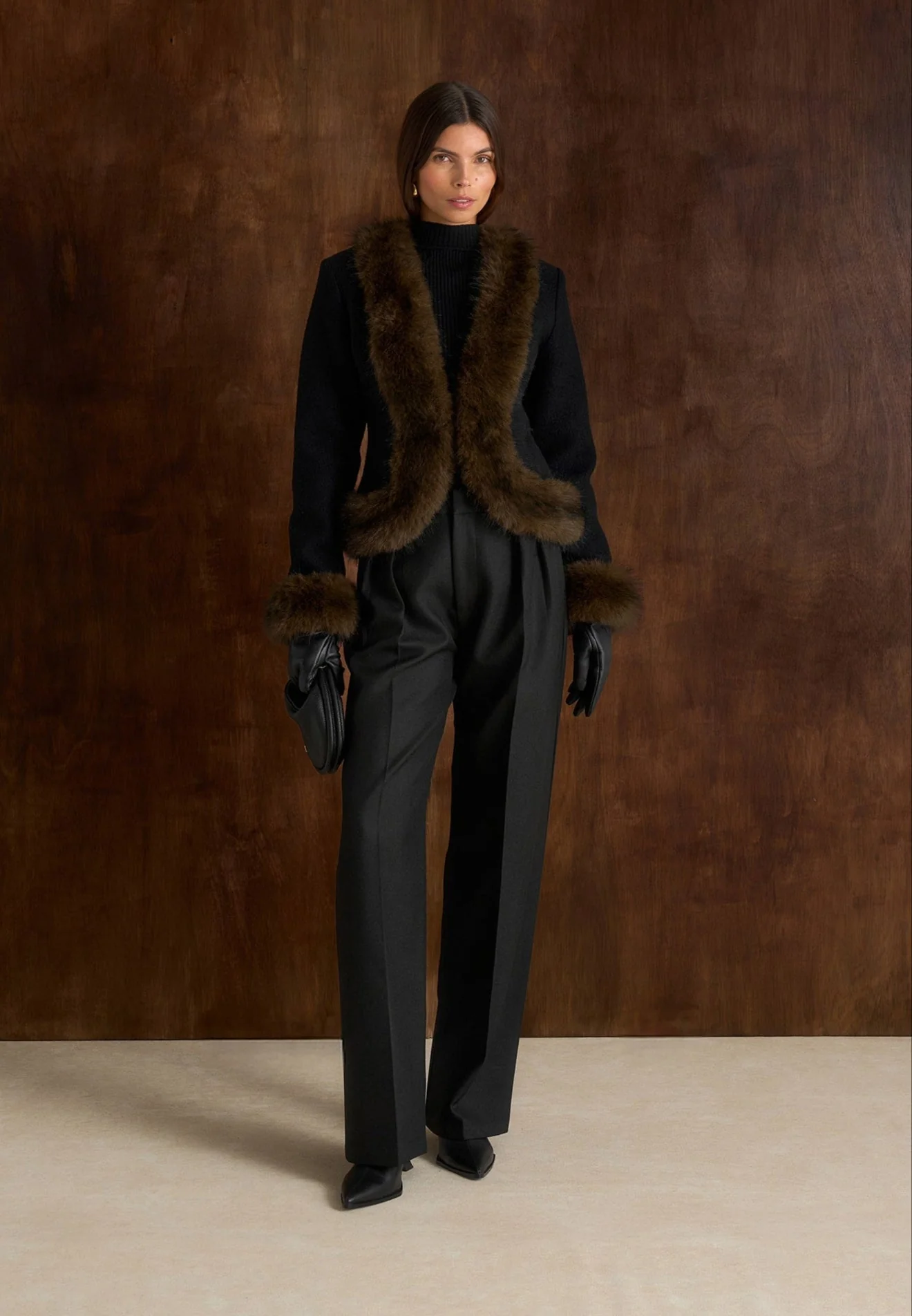 Lina - Sculpted Wool & Fur Trim Jacket - Black - Image 3