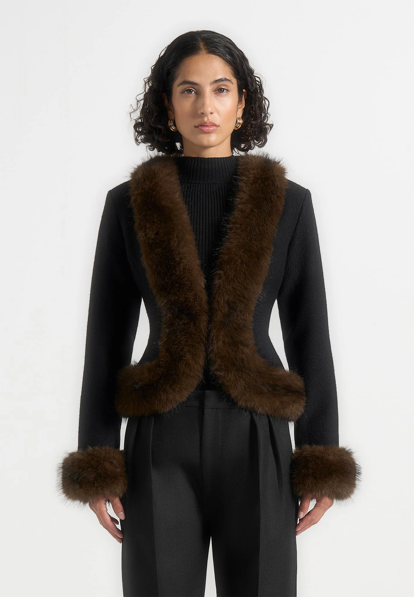 Lina - Sculpted Wool & Fur Trim Jacket - Black - Image 5