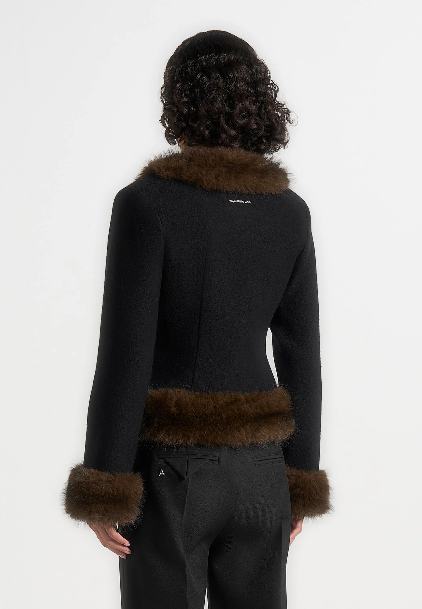 Lina - Sculpted Wool & Fur Trim Jacket - Black - Image 6
