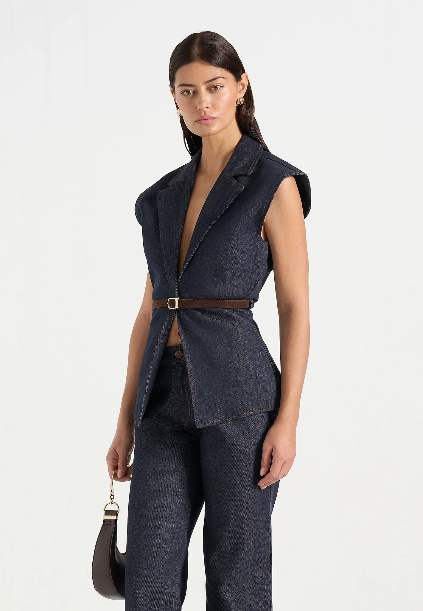 Linda - Wide Shoulder Cinched Denim Waistcoat - Indigo