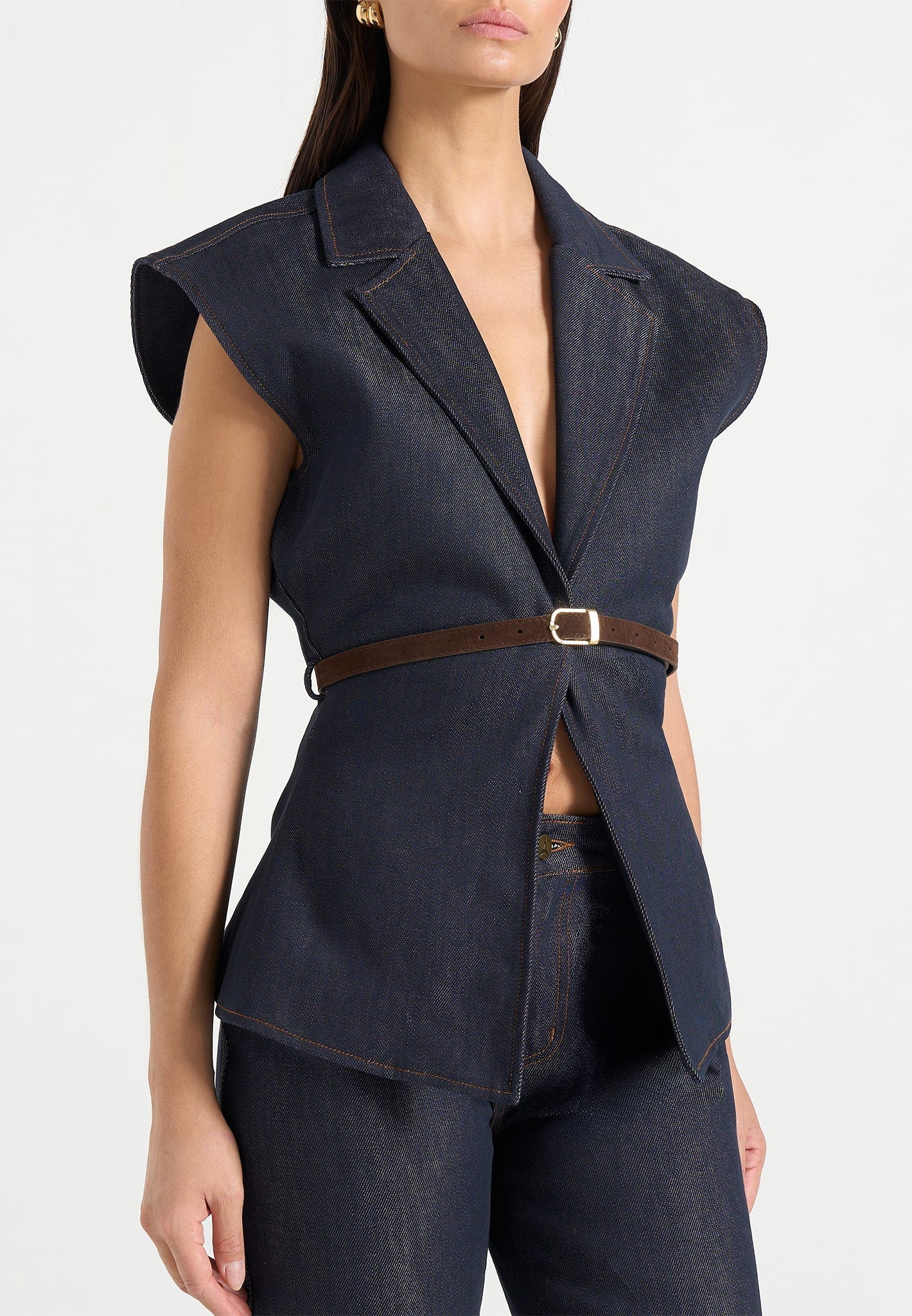 Linda - Wide Shoulder Cinched Denim Waistcoat - Indigo - Image 3