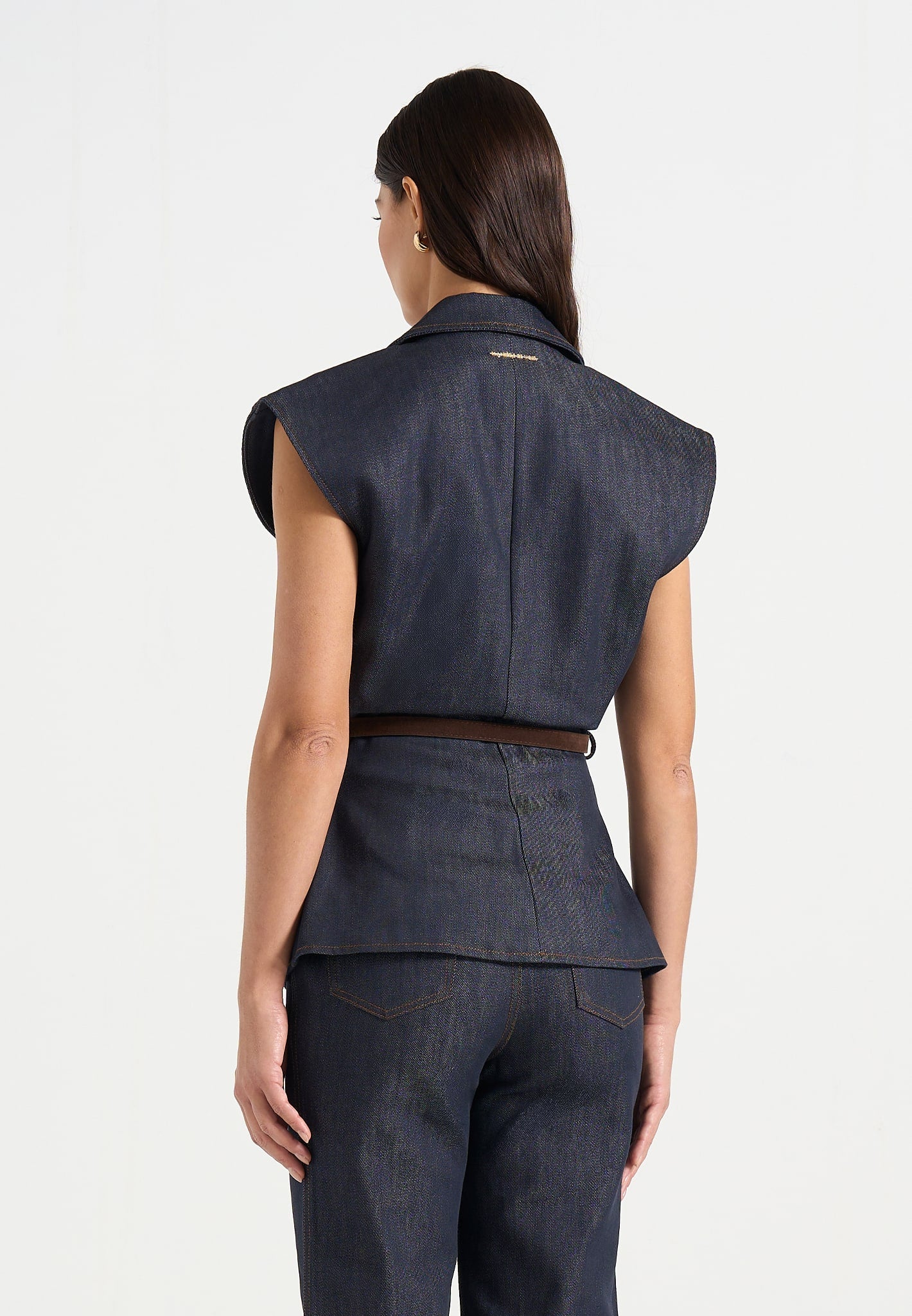 Linda - Wide Shoulder Cinched Denim Waistcoat - Indigo - Image 4