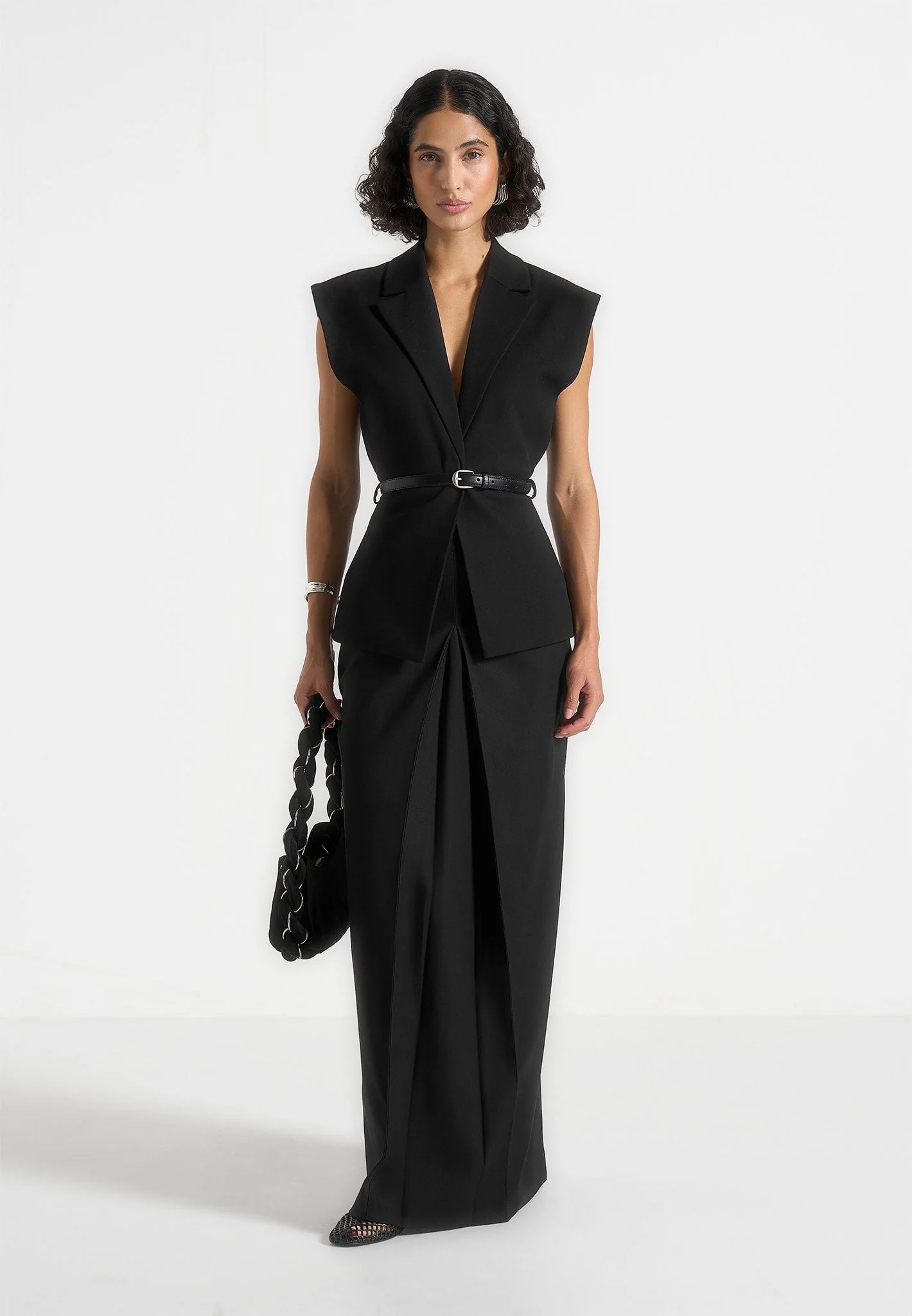 Linda - Tailored Wide Shoulder Cinched Vest - Black - Image 4