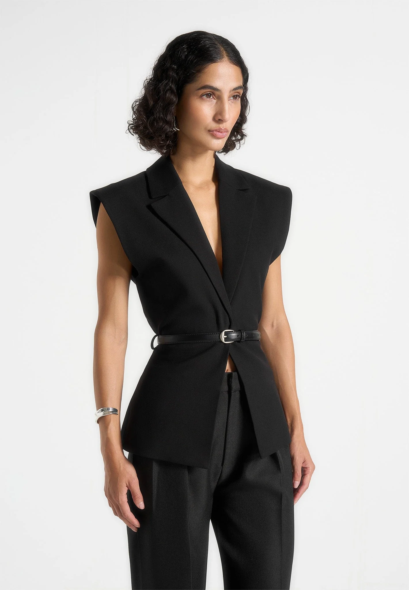 Linda - Tailored Wide Shoulder Cinched Vest - Black - Image 5