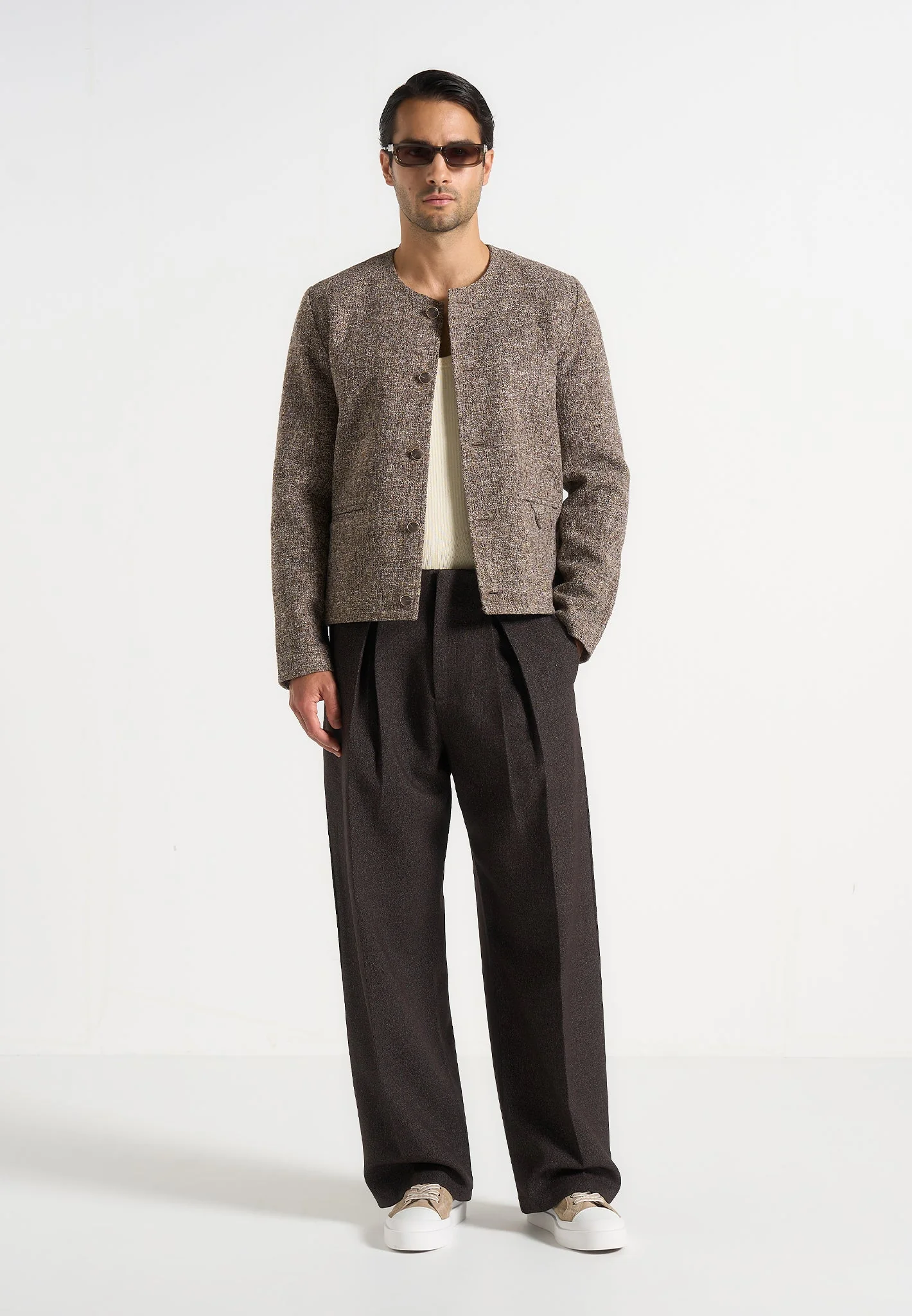 Lior - Box Pleat Hatched Wide Leg Trousers - Dark Brown - Image 4