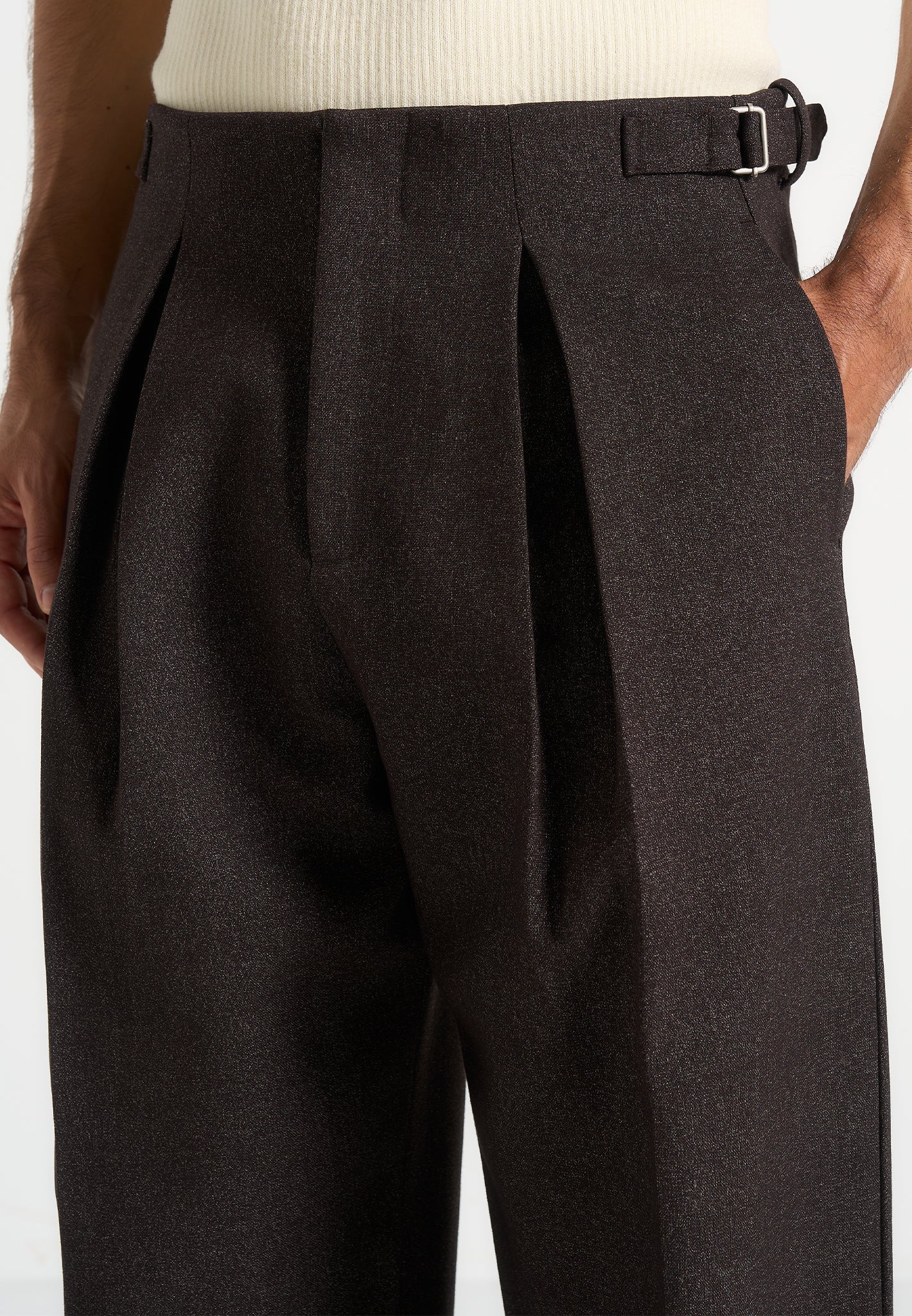 Lior - Box Pleat Hatched Wide Leg Trousers - Dark Brown - Image 5