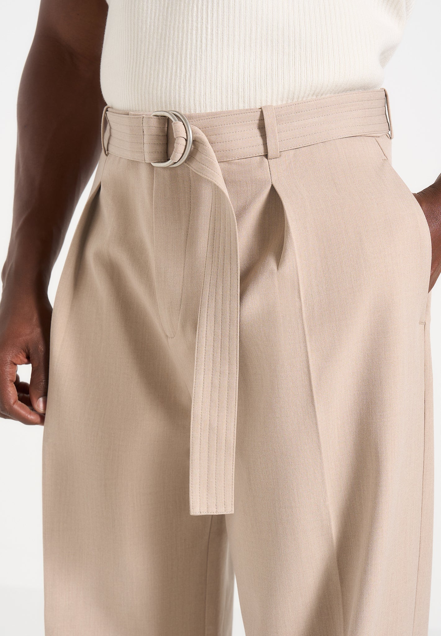 Loic - Wide Leg Tailored Trousers With Belt - Beige - Image 3