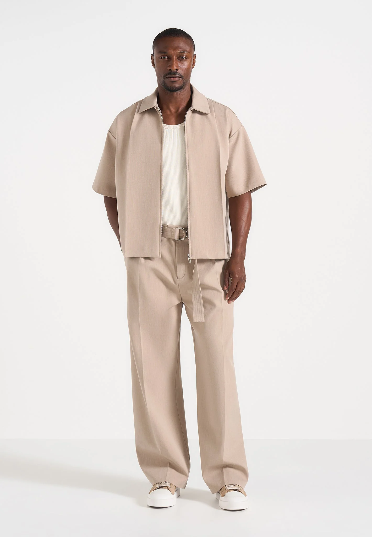 Loic - Wide Leg Tailored Trousers With Belt - Beige - Image 6
