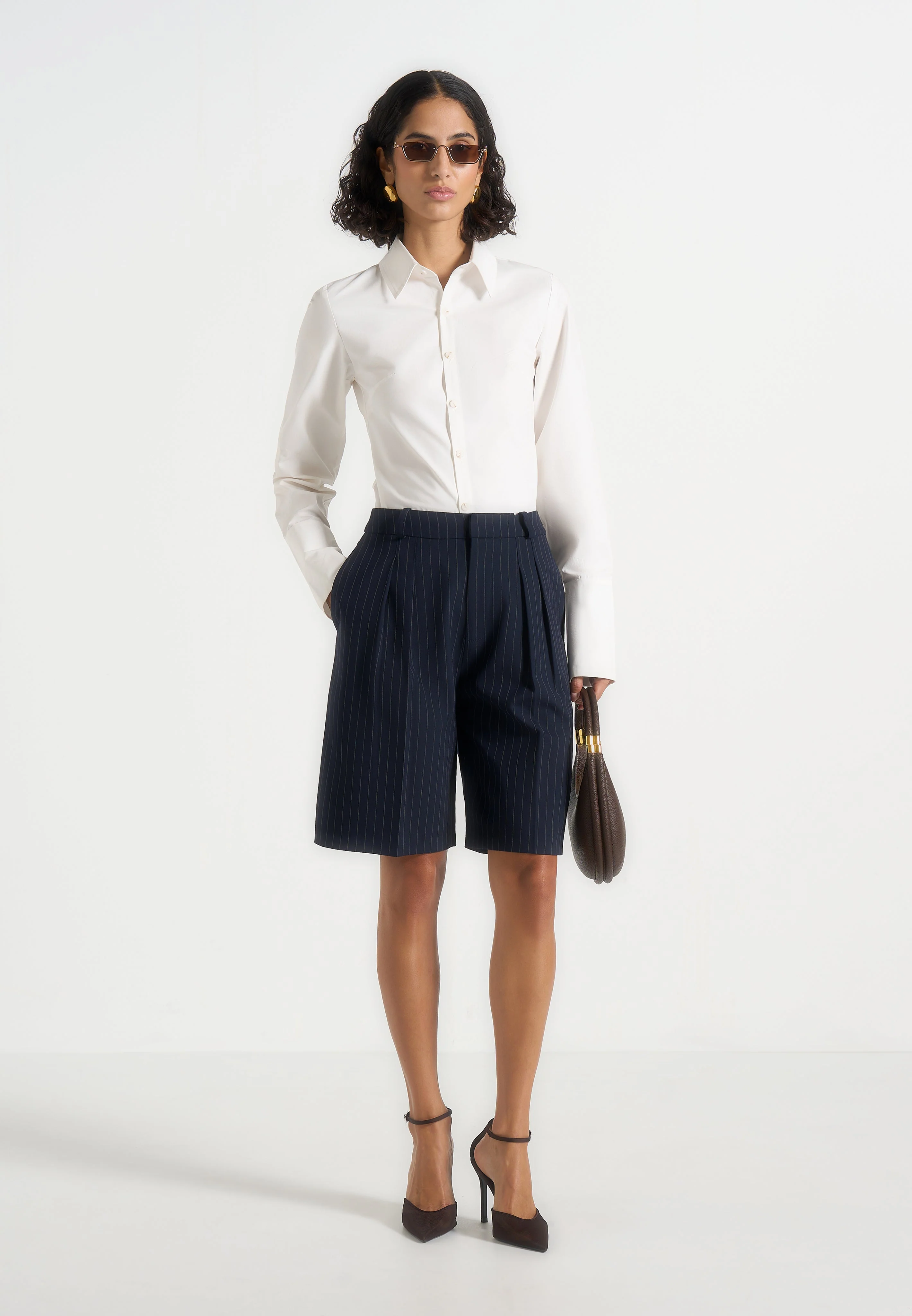 Lorette - Pinstripe Double Pleat Tailored Shorts - Navy - Image 3