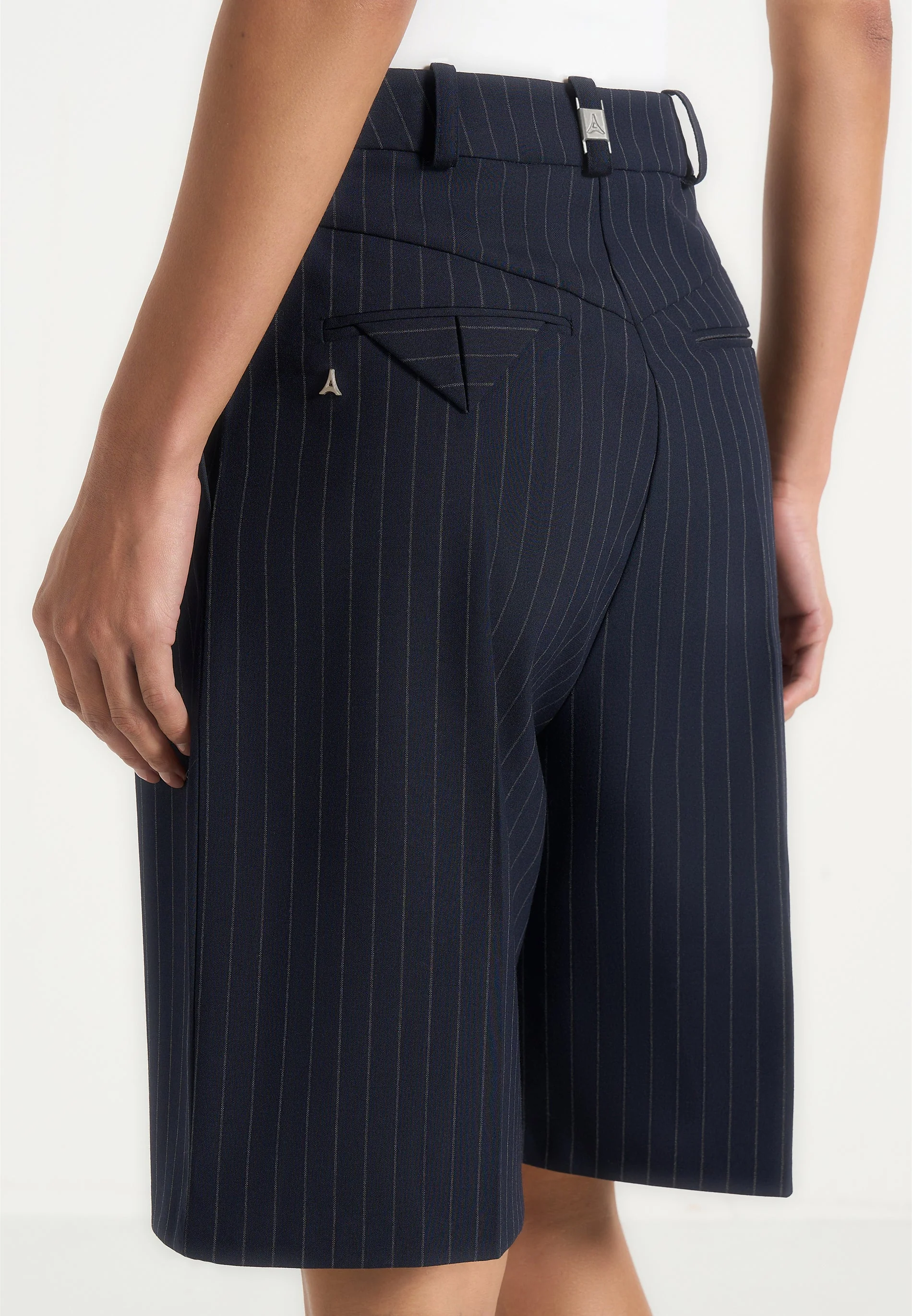 Lorette - Pinstripe Double Pleat Tailored Shorts - Navy - Image 4