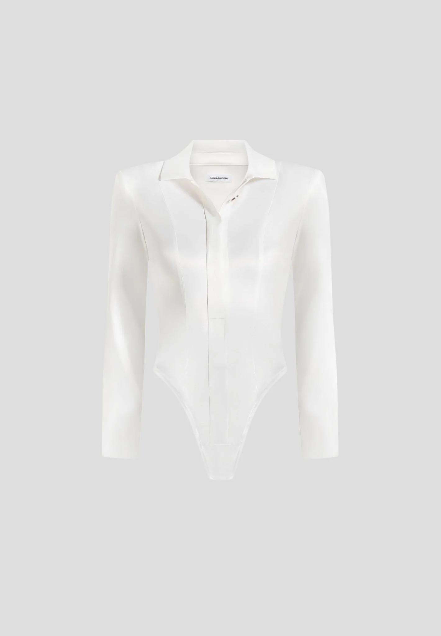 Louise - Wide Shoulder Satin Shirt Bodysuit - Off White - Image 6